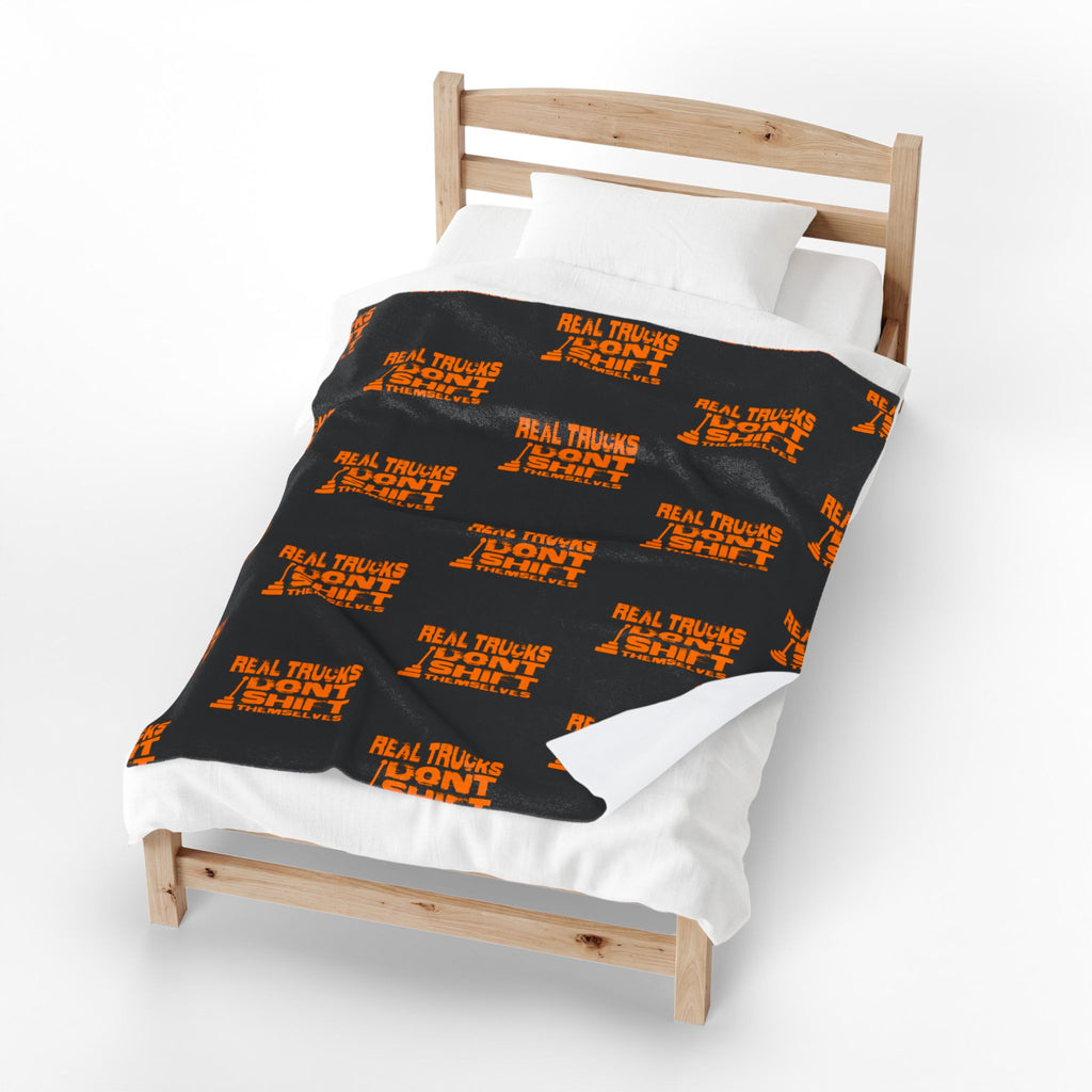 Velveteen Plush Blanket — "Real Trucks Don't Shift" Patterned Trucker Throw
