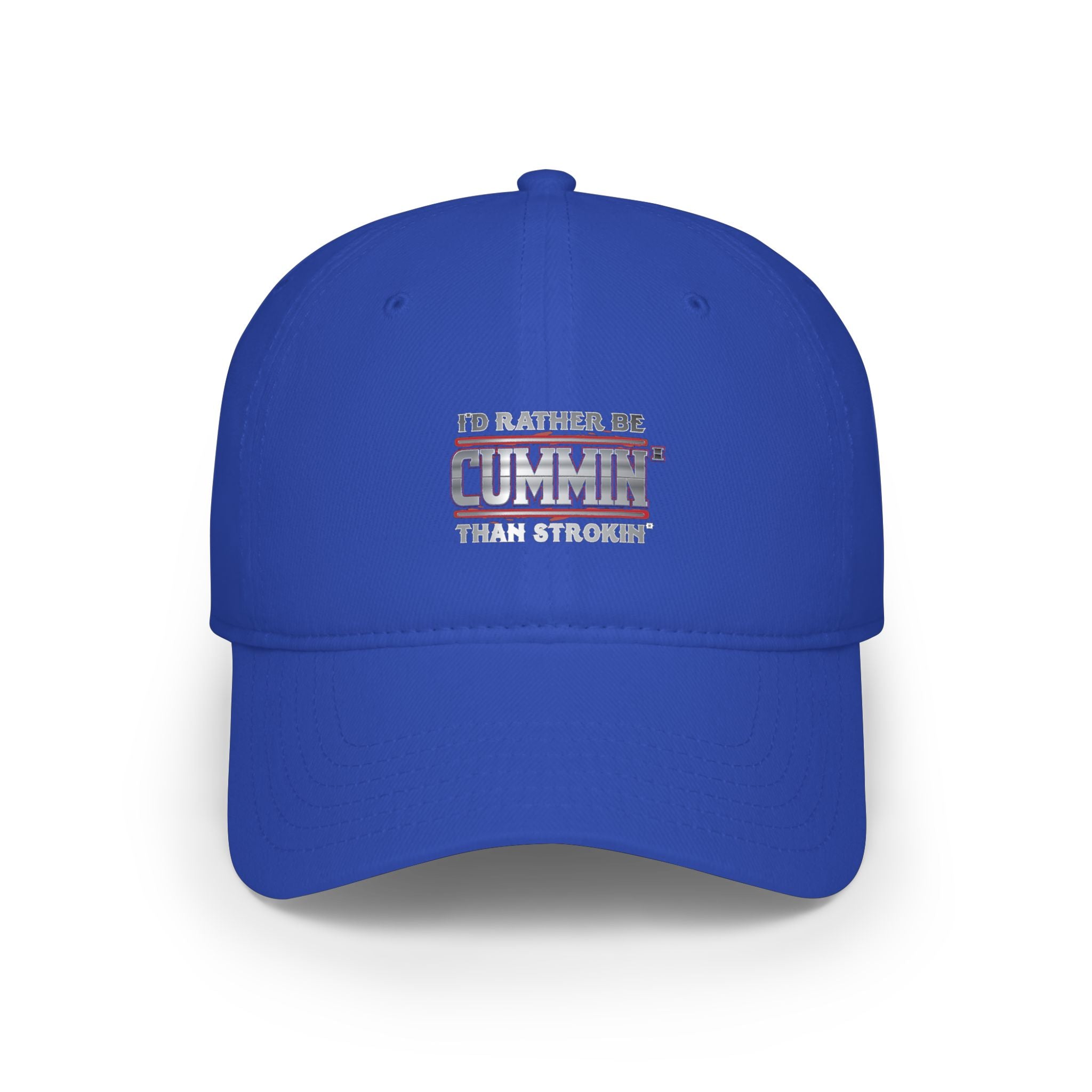 Low Profile Baseball Cap — "I'd Rather Be Cummin' Than Strokin'" Distressed American Flag Hat
