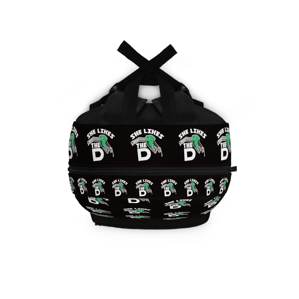 She Likes The D Backpack — Black Graphic School Bag with Fuel Nozzle Design