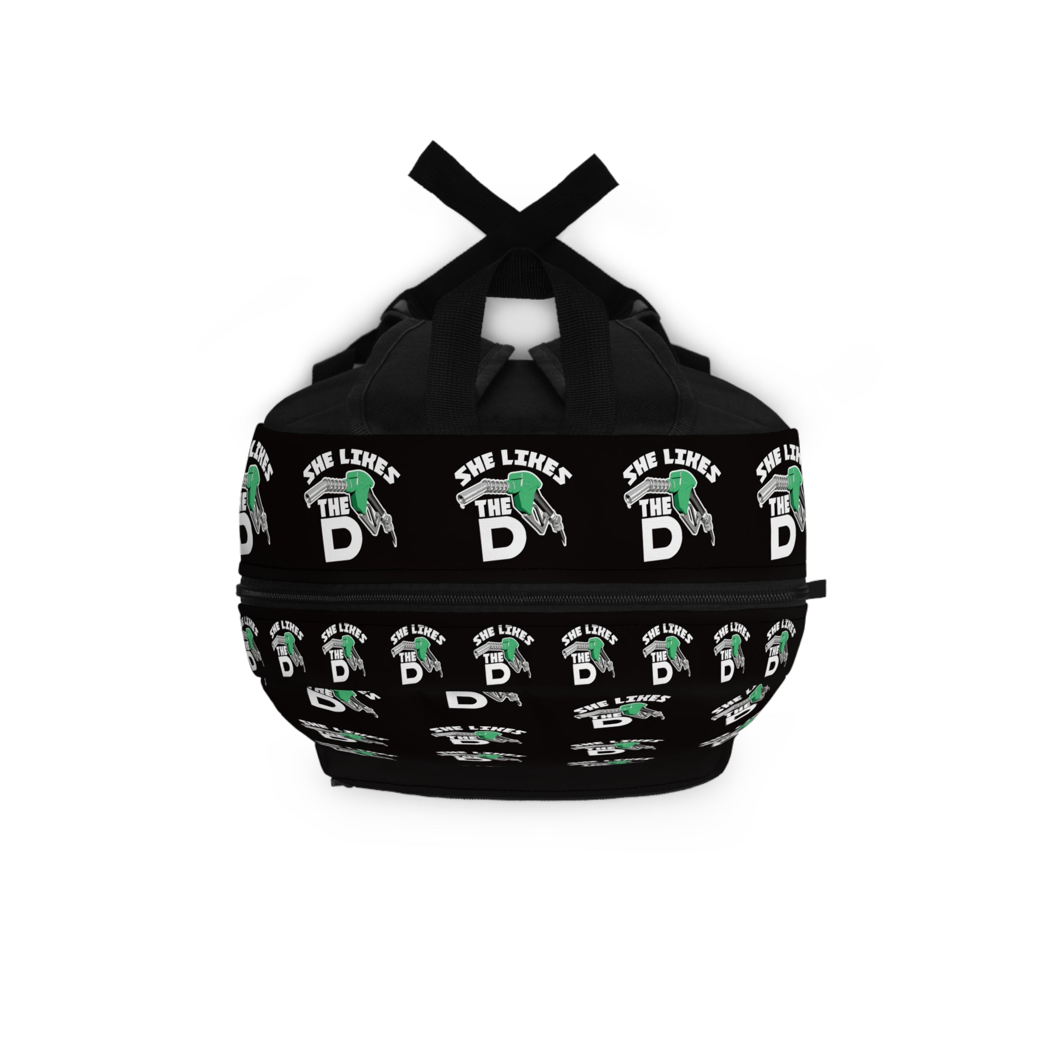 She Likes The D Backpack — Black Graphic School Bag with Fuel Nozzle Design