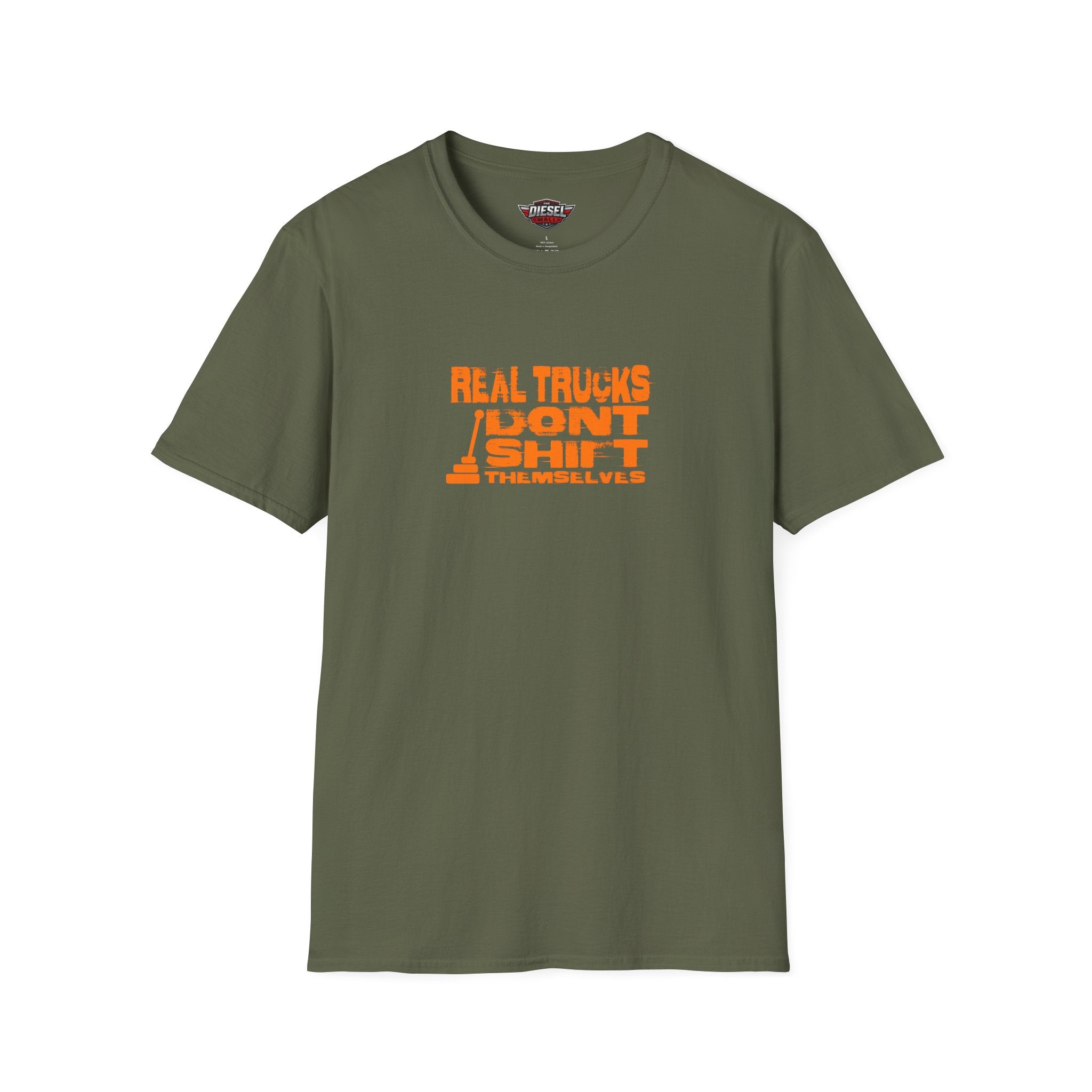Trucker T-Shirt — "Real Trucks Don't Shift Themselves" Vintage Orange Graphic