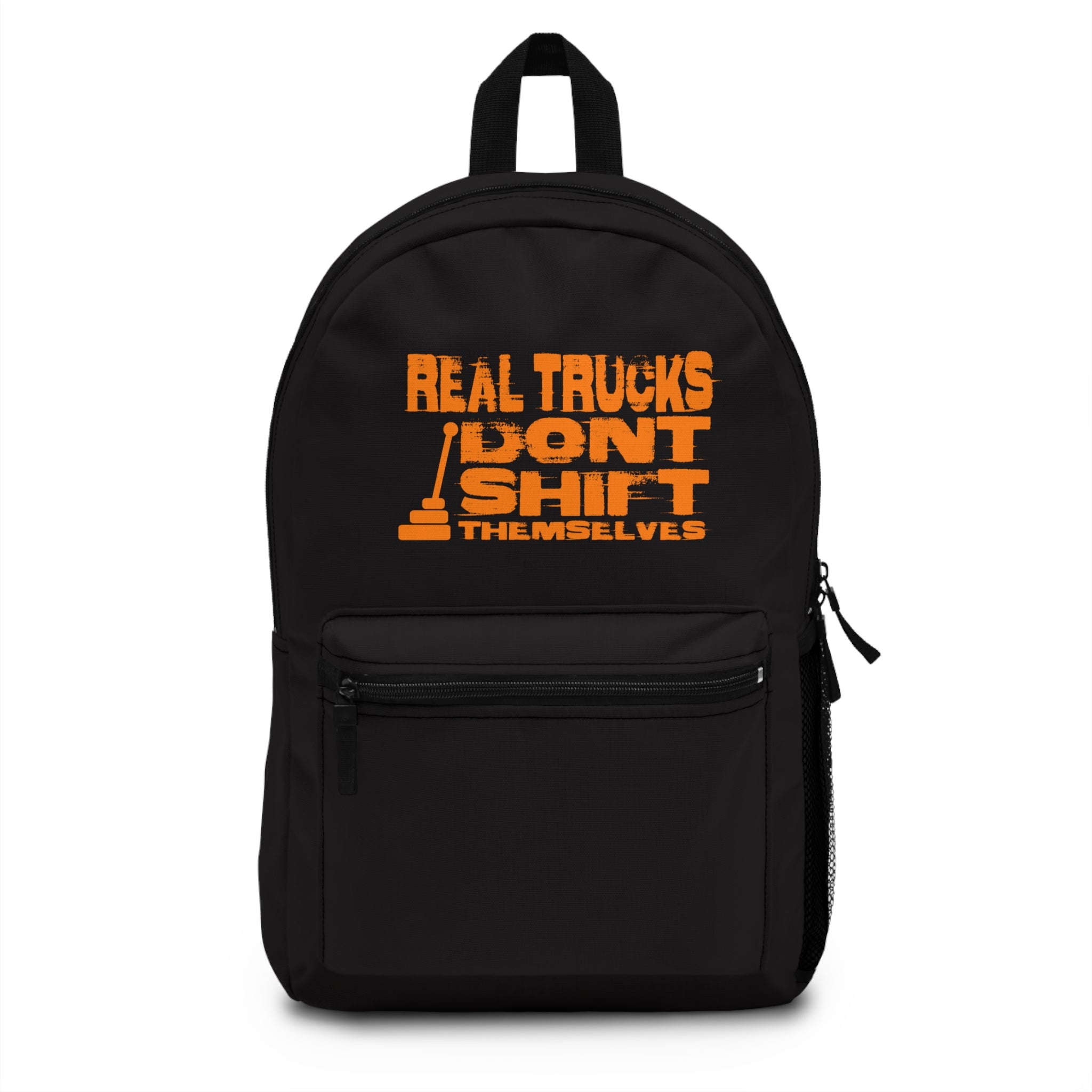 Backpack — “Real Trucks Don’t Shift Themselves” Orange Trucker Graphic Backpack