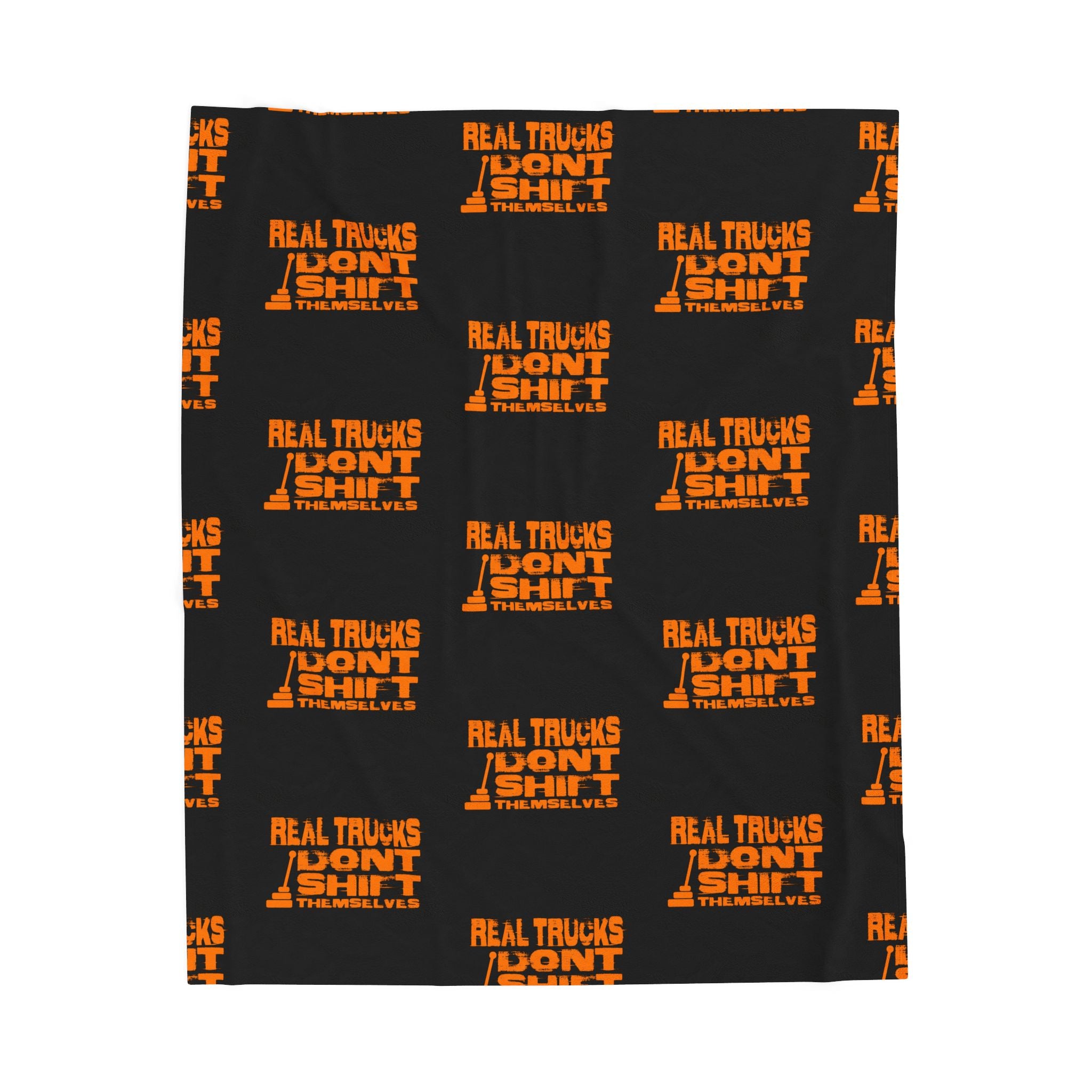 Velveteen Plush Blanket — "Real Trucks Don't Shift" Patterned Trucker Throw