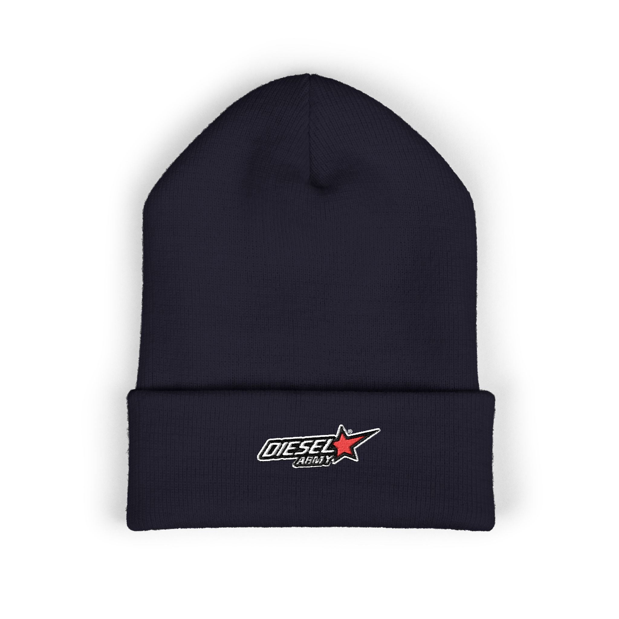 Embroidered Diesel Star Cuffed Beanie — Olive Knit Winter Hat