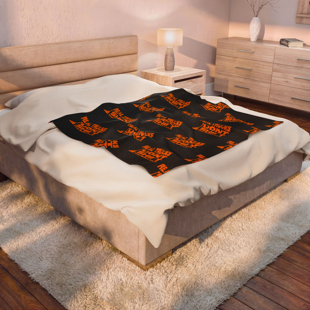 Velveteen Plush Blanket — "Real Trucks Don't Shift" Patterned Trucker Throw