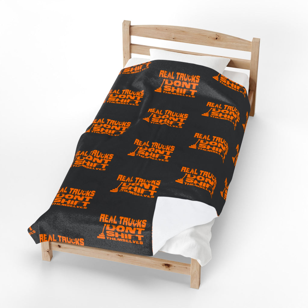 Velveteen Plush Blanket — "Real Trucks Don't Shift" Patterned Trucker Throw