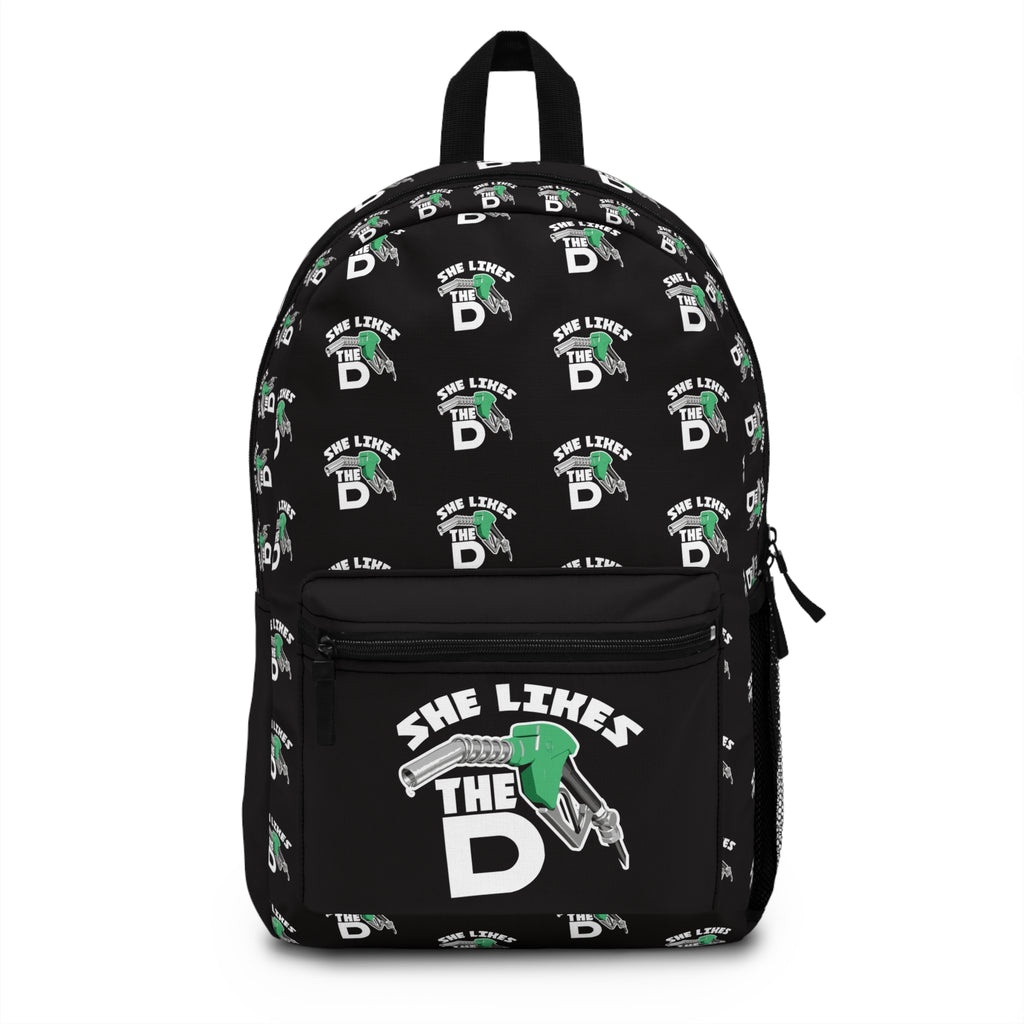 She Likes The D Backpack — Black Graphic School Bag with Fuel Nozzle Design