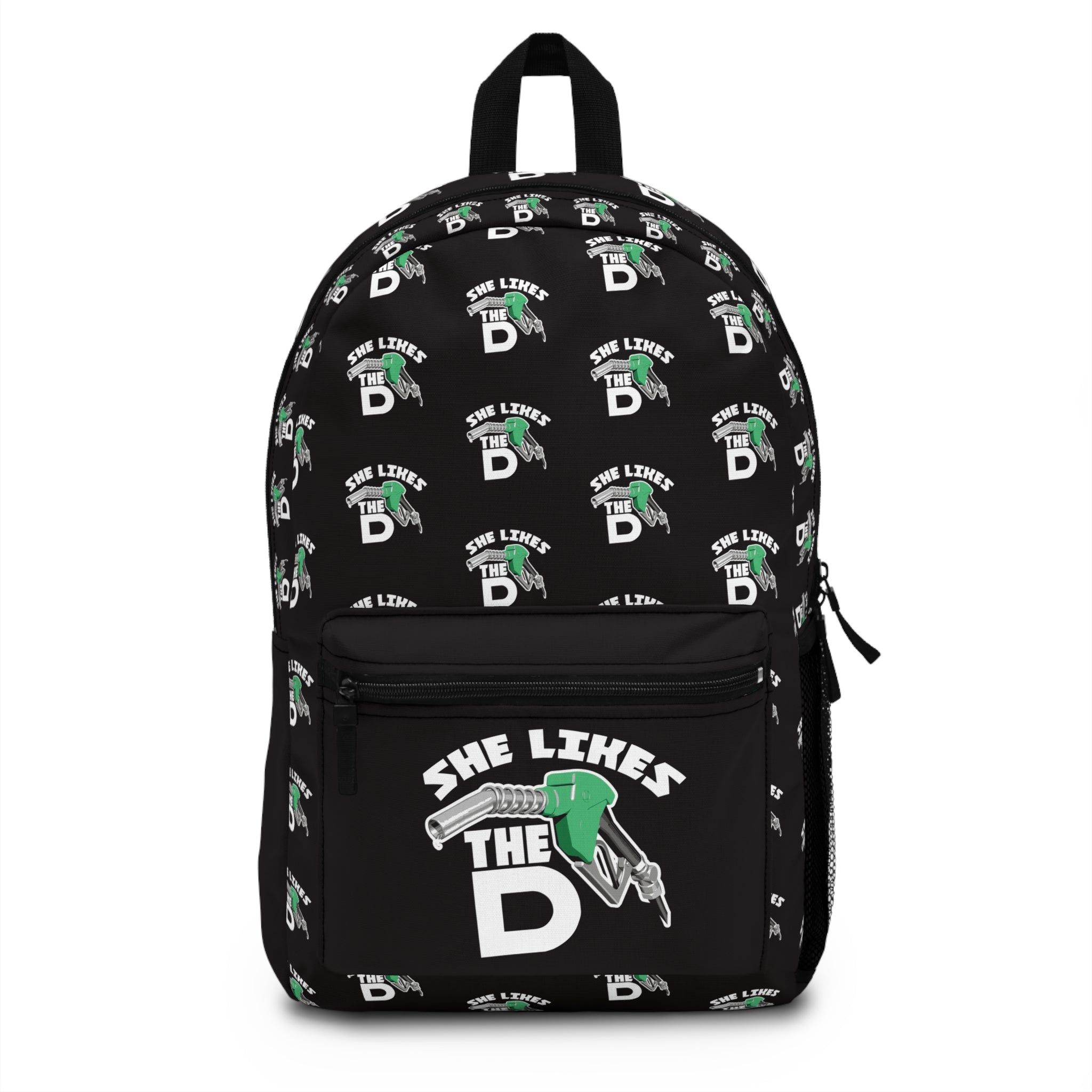 She Likes The D Backpack — Black Graphic School Bag with Fuel Nozzle Design
