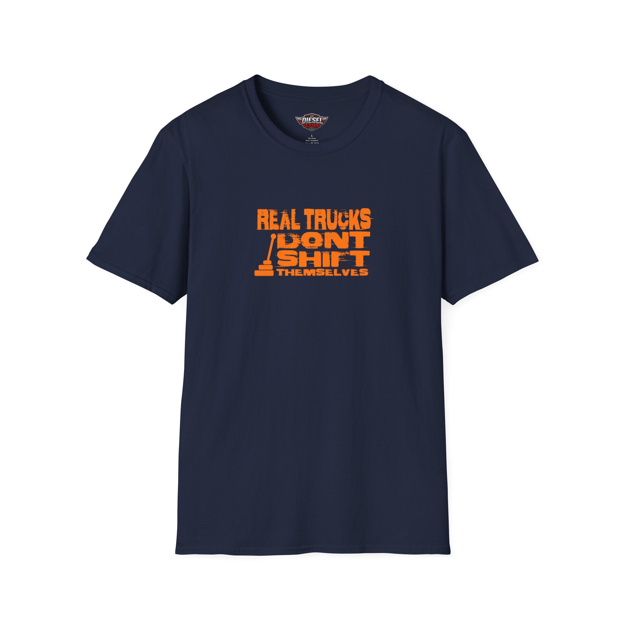 Trucker T-Shirt — "Real Trucks Don't Shift Themselves" Vintage Orange Graphic