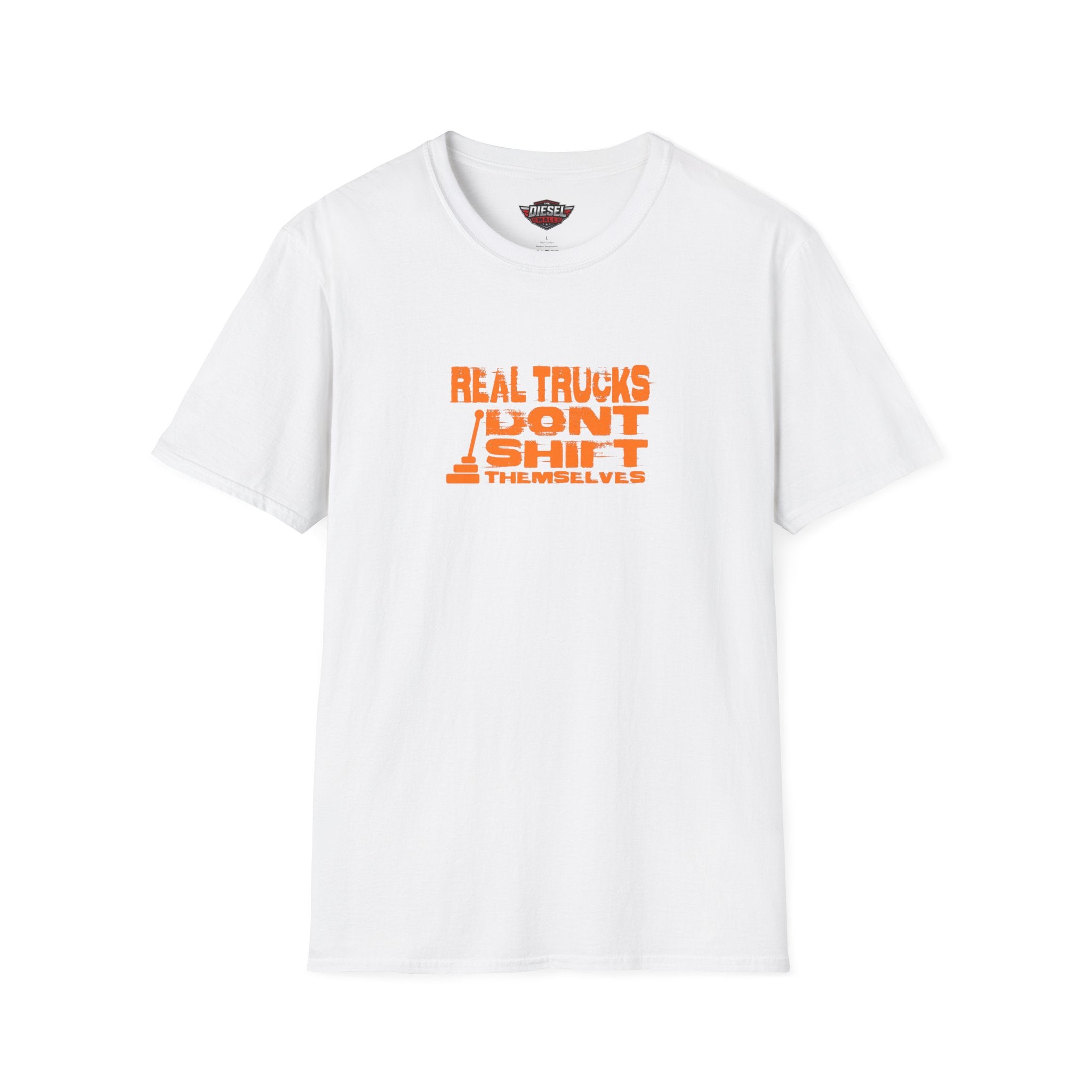 Trucker T-Shirt — "Real Trucks Don't Shift Themselves" Vintage Orange Graphic