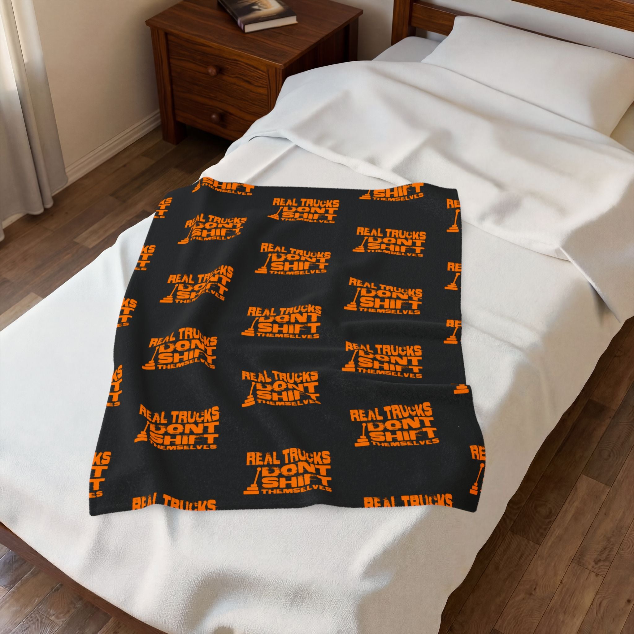 Velveteen Plush Blanket — "Real Trucks Don't Shift" Patterned Trucker Throw