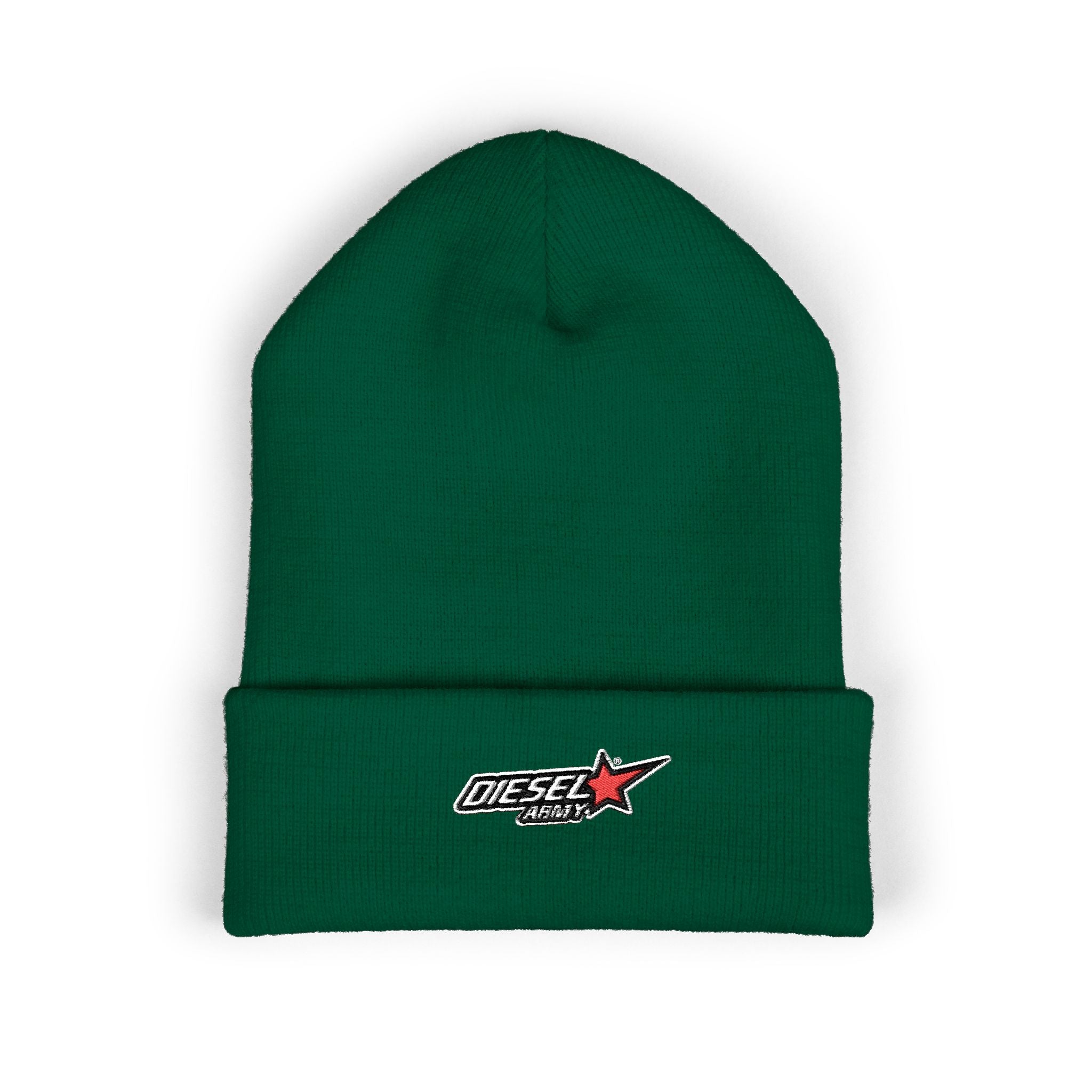 Embroidered Diesel Star Cuffed Beanie — Olive Knit Winter Hat