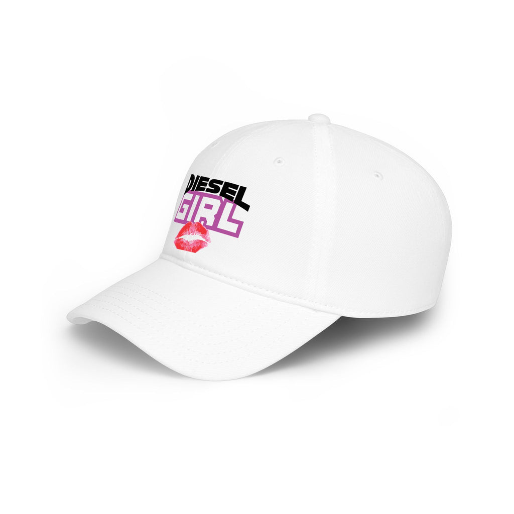 Diesel Girl Baseball Cap — White Low Profile Hat with Kiss Graphic