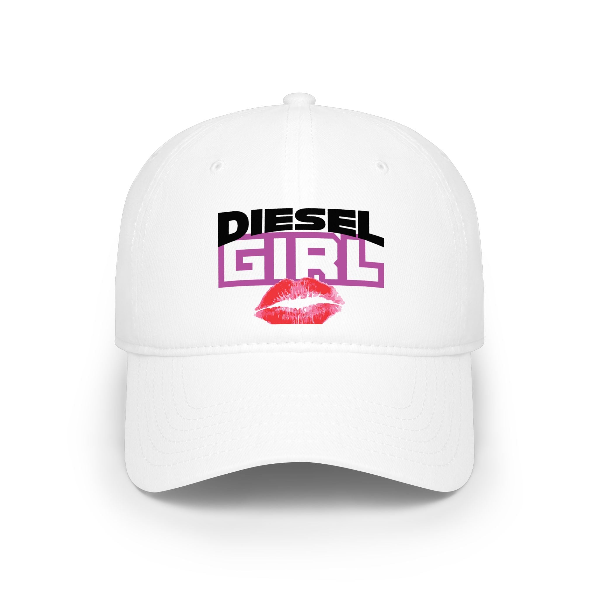 Diesel Girl Baseball Cap — White Low Profile Hat with Kiss Graphic