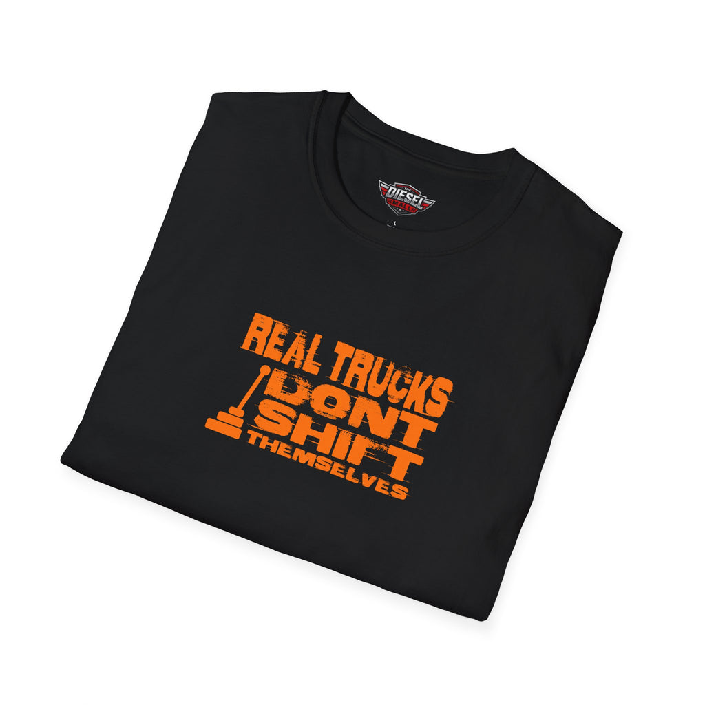 Trucker T-Shirt — "Real Trucks Don't Shift Themselves" Vintage Orange Graphic