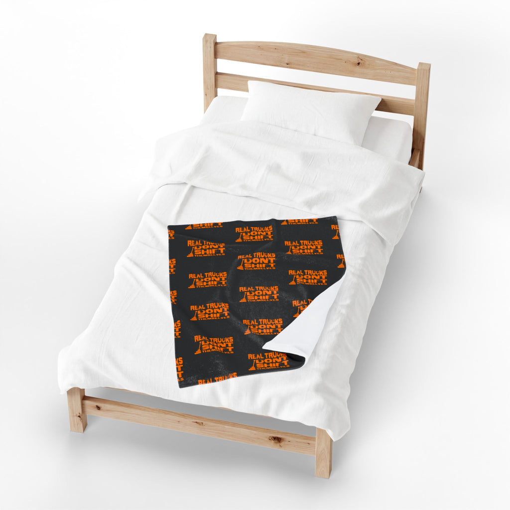 Velveteen Plush Blanket — "Real Trucks Don't Shift" Patterned Trucker Throw