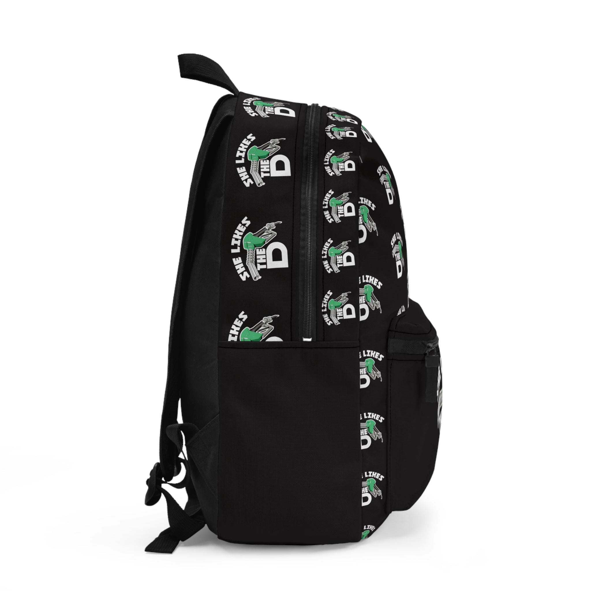 She Likes The D Backpack — Black Graphic School Bag with Fuel Nozzle Design