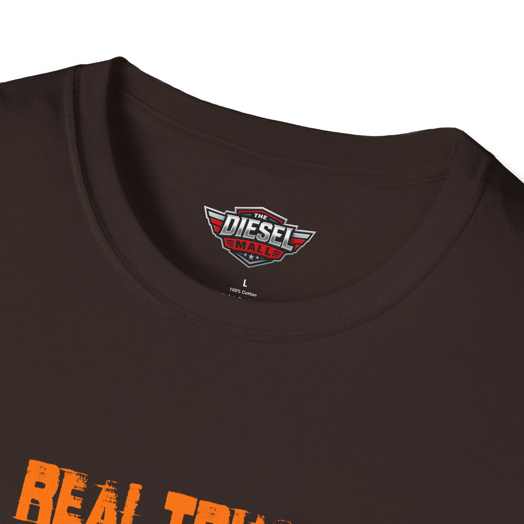 Trucker T-Shirt — "Real Trucks Don't Shift Themselves" Vintage Orange Graphic
