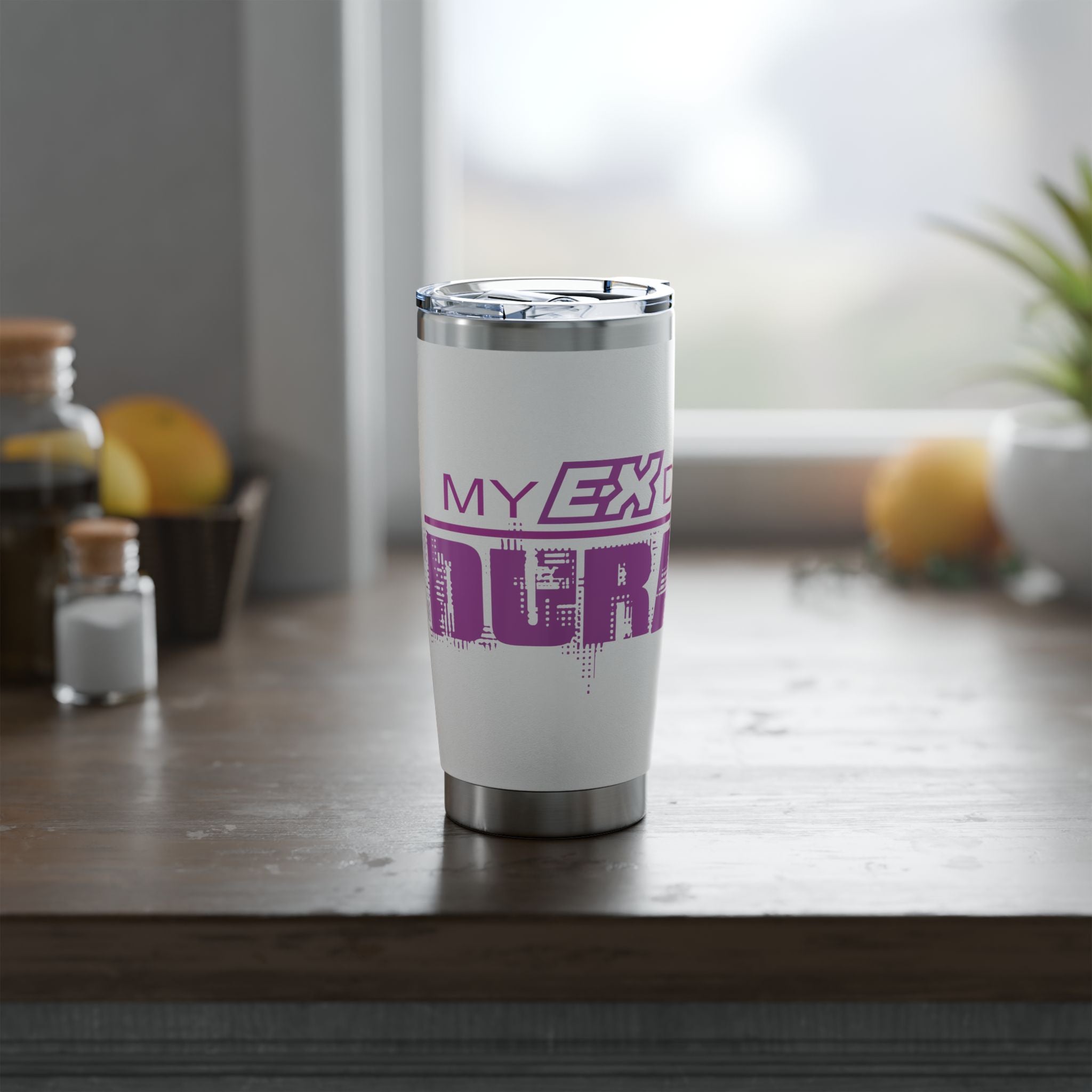 20oz Travel Tumbler — 'My Ex Drove My Brakes' Pink Urban Graphic