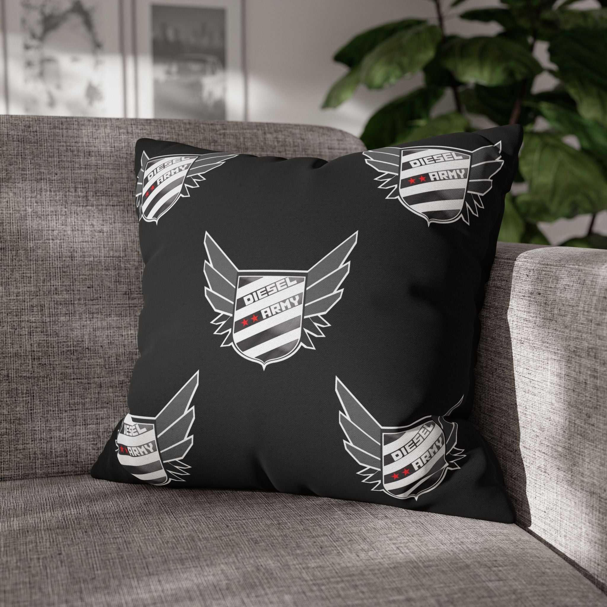 Black Shield Wing Accent Pillowcase — 'Genuine' Crest Pattern Decorative Throw Pillow