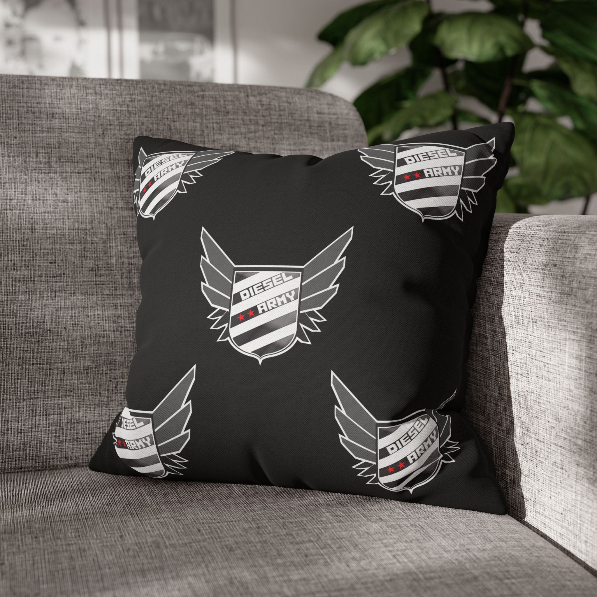 Black Shield Wing Accent Pillowcase — 'Genuine' Crest Pattern Decorative Throw Pillow