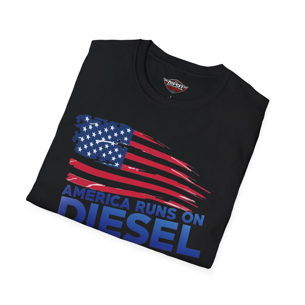 America Runs on Diesel T-Shirt — Patriotic Truck & Diesel Enthusiast Tee