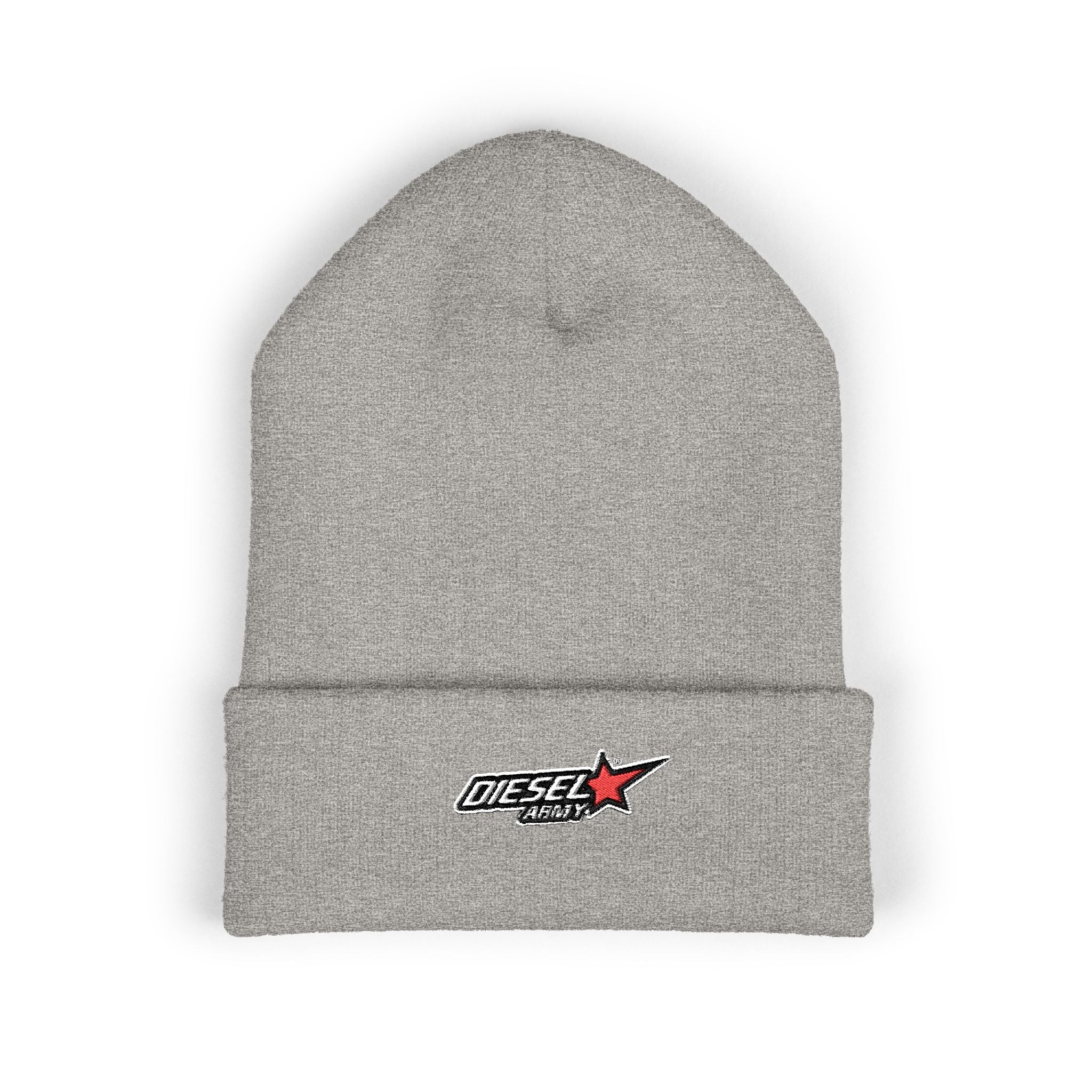 Embroidered Diesel Star Cuffed Beanie — Olive Knit Winter Hat