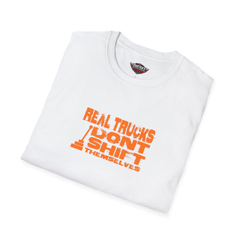 Trucker T-Shirt — "Real Trucks Don't Shift Themselves" Vintage Orange Graphic