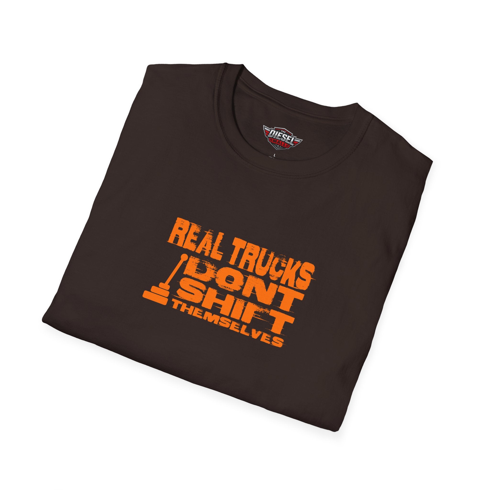 Trucker T-Shirt — "Real Trucks Don't Shift Themselves" Vintage Orange Graphic
