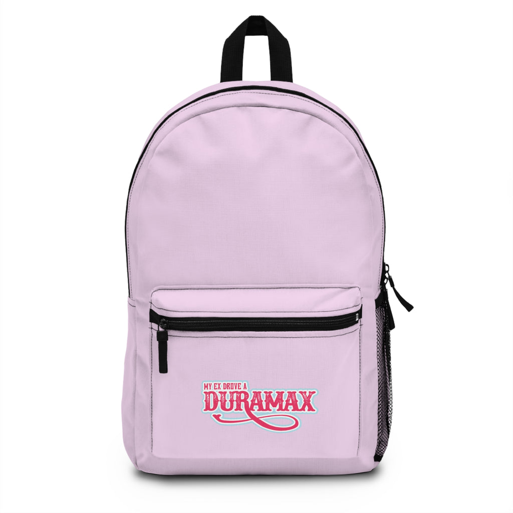 Duramax Logo Backpack — Pink Casual Daypack with 'My Ex Drove a Duramax' Text