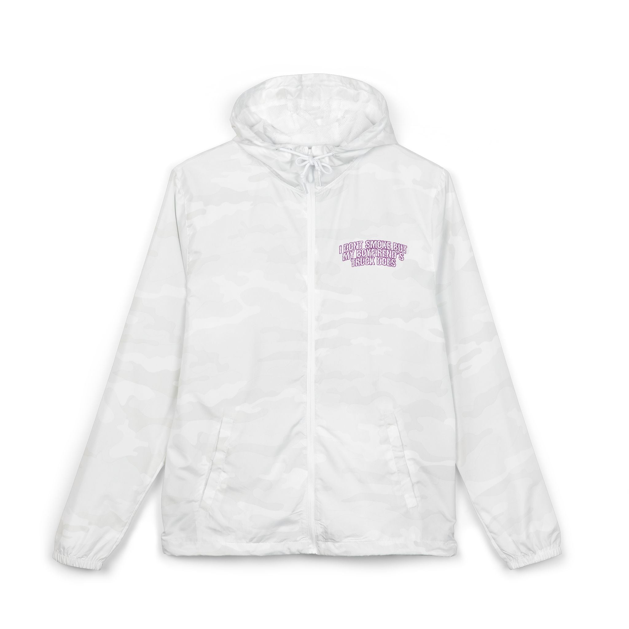 Windbreaker Jacket — Purple Bubble Text Graphic (“I Don't Smoke But My Boyfriend’s Truck Does”)