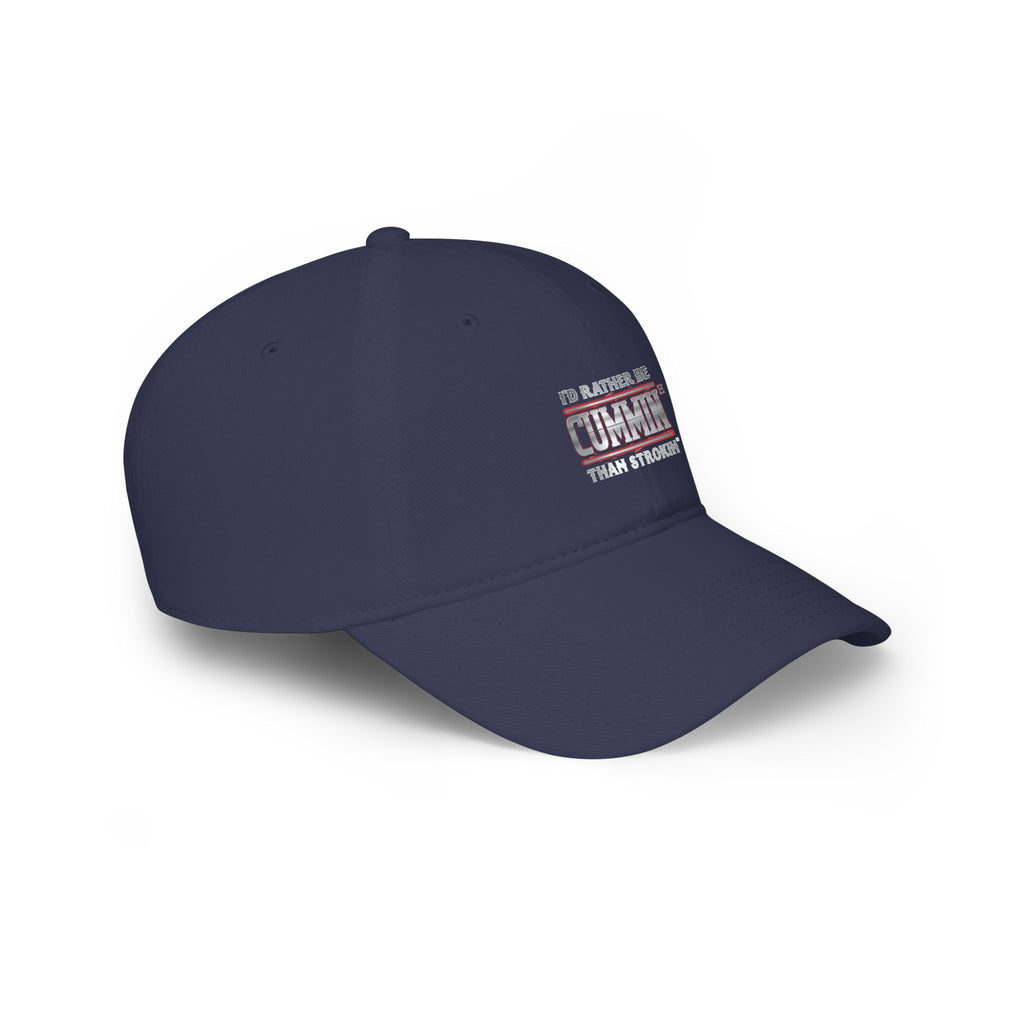 Low Profile Baseball Cap — "I'd Rather Be Cummin' Than Strokin'" Distressed American Flag Hat