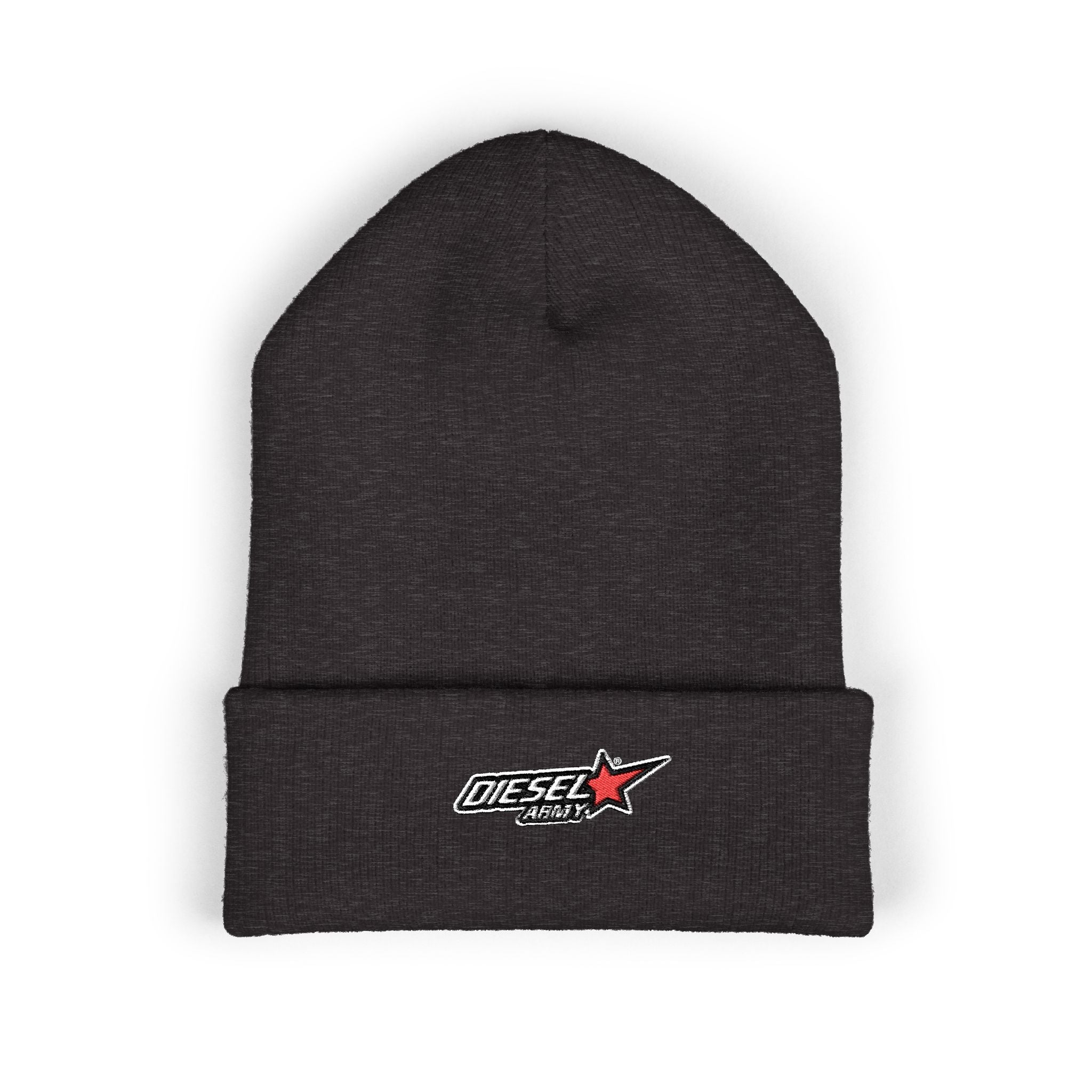 Embroidered Diesel Star Cuffed Beanie — Olive Knit Winter Hat