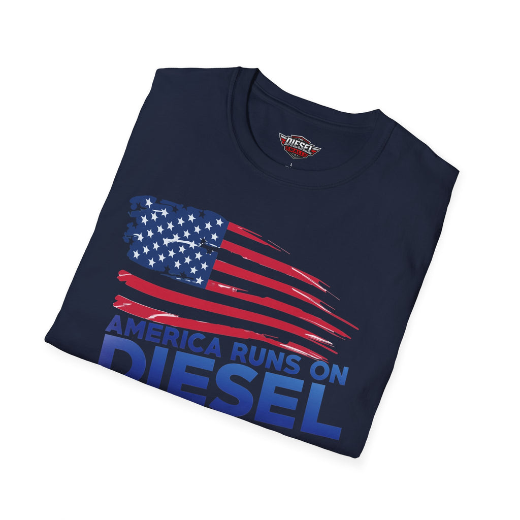America Runs on Diesel T-Shirt — Patriotic Truck & Diesel Enthusiast Tee