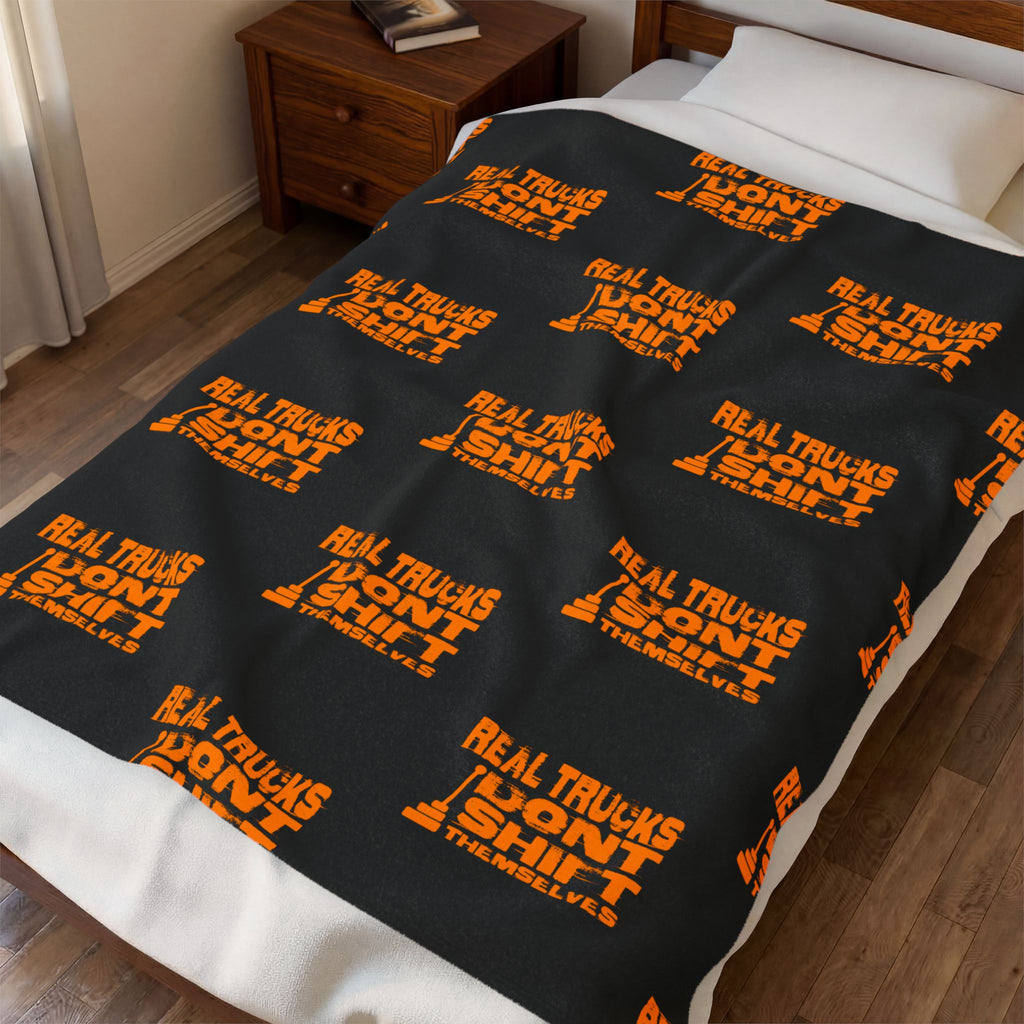 Velveteen Plush Blanket — "Real Trucks Don't Shift" Patterned Trucker Throw