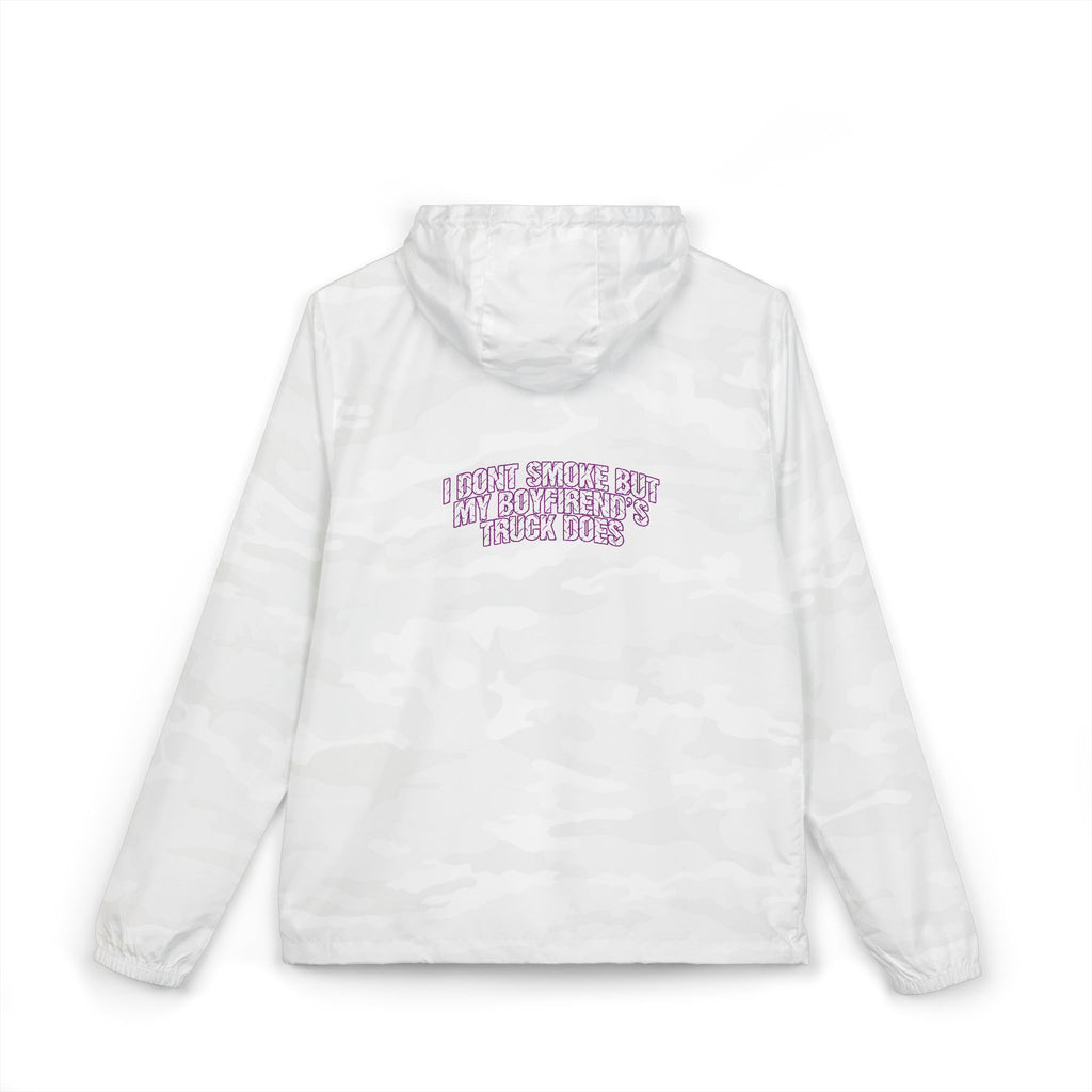 Windbreaker Jacket — Purple Bubble Text Graphic (“I Don't Smoke But My Boyfriend’s Truck Does”)