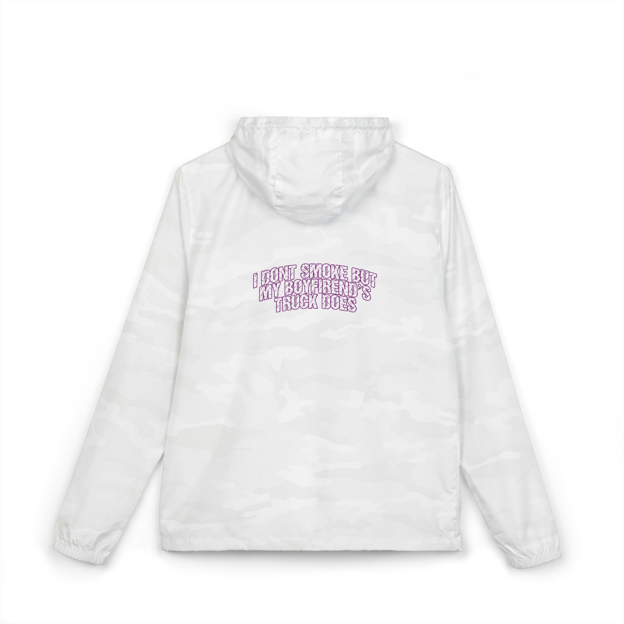 Windbreaker Jacket — Purple Bubble Text Graphic (“I Don't Smoke But My Boyfriend’s Truck Does”)