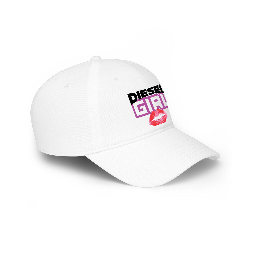 Diesel Girl Baseball Cap — White Low Profile Hat with Kiss Graphic