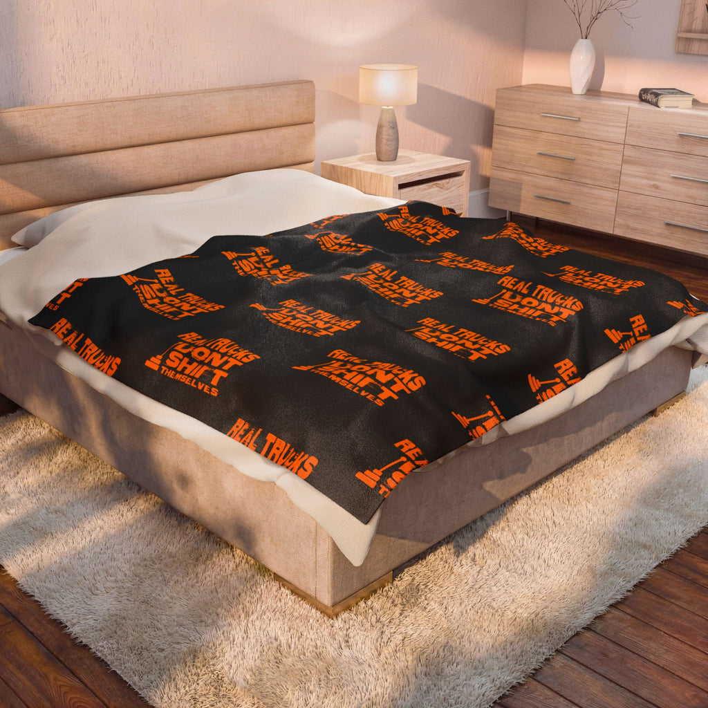 Velveteen Plush Blanket — "Real Trucks Don't Shift" Patterned Trucker Throw