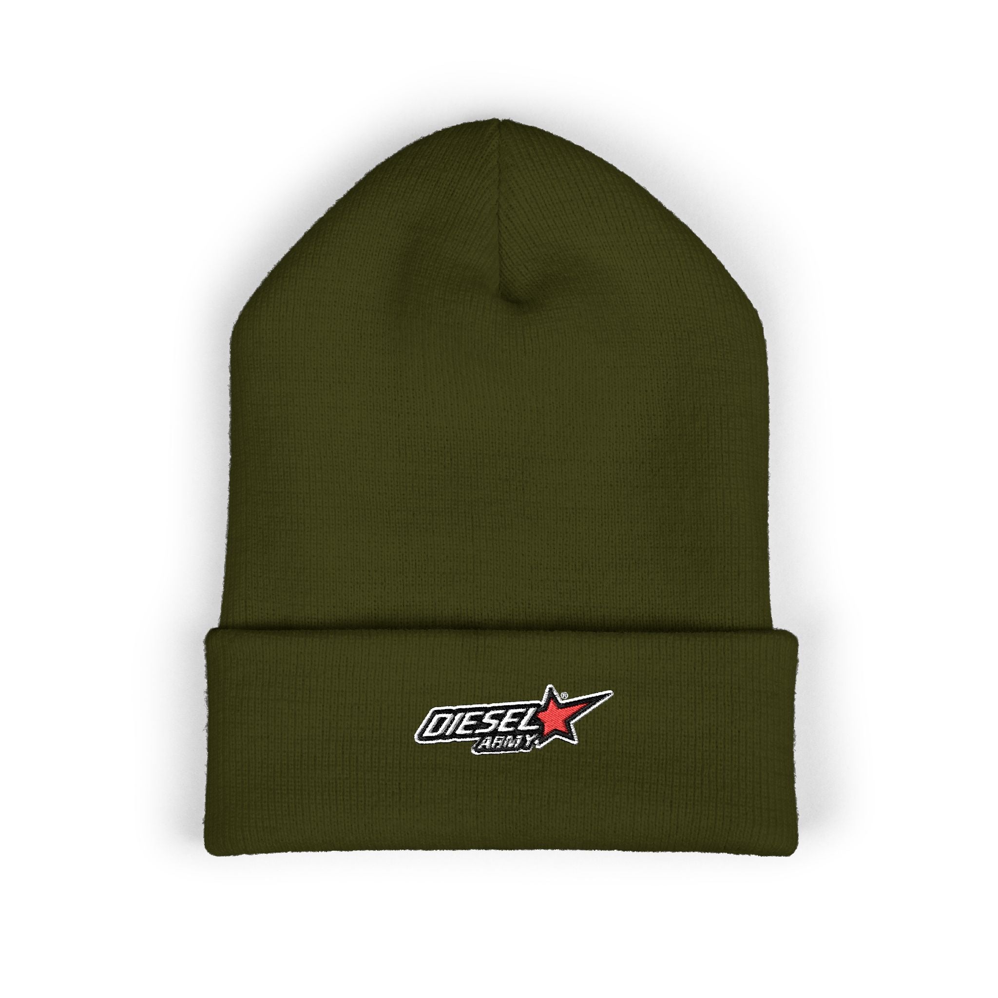 Embroidered Diesel Star Cuffed Beanie — Olive Knit Winter Hat