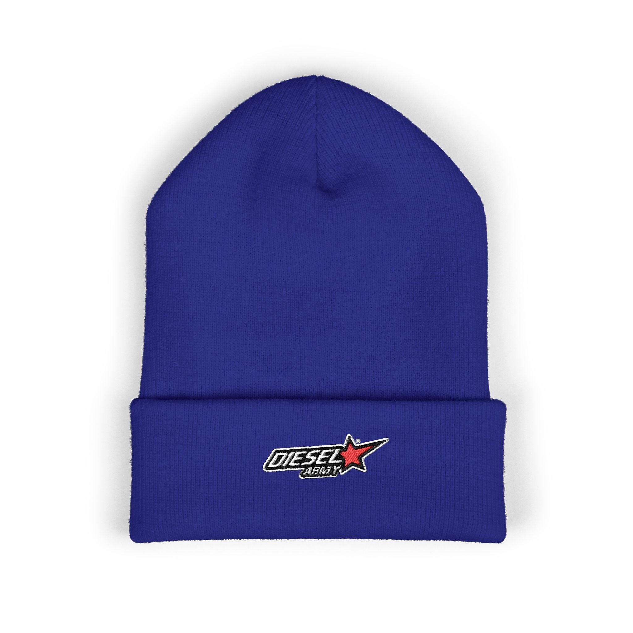 Embroidered Diesel Star Cuffed Beanie — Olive Knit Winter Hat