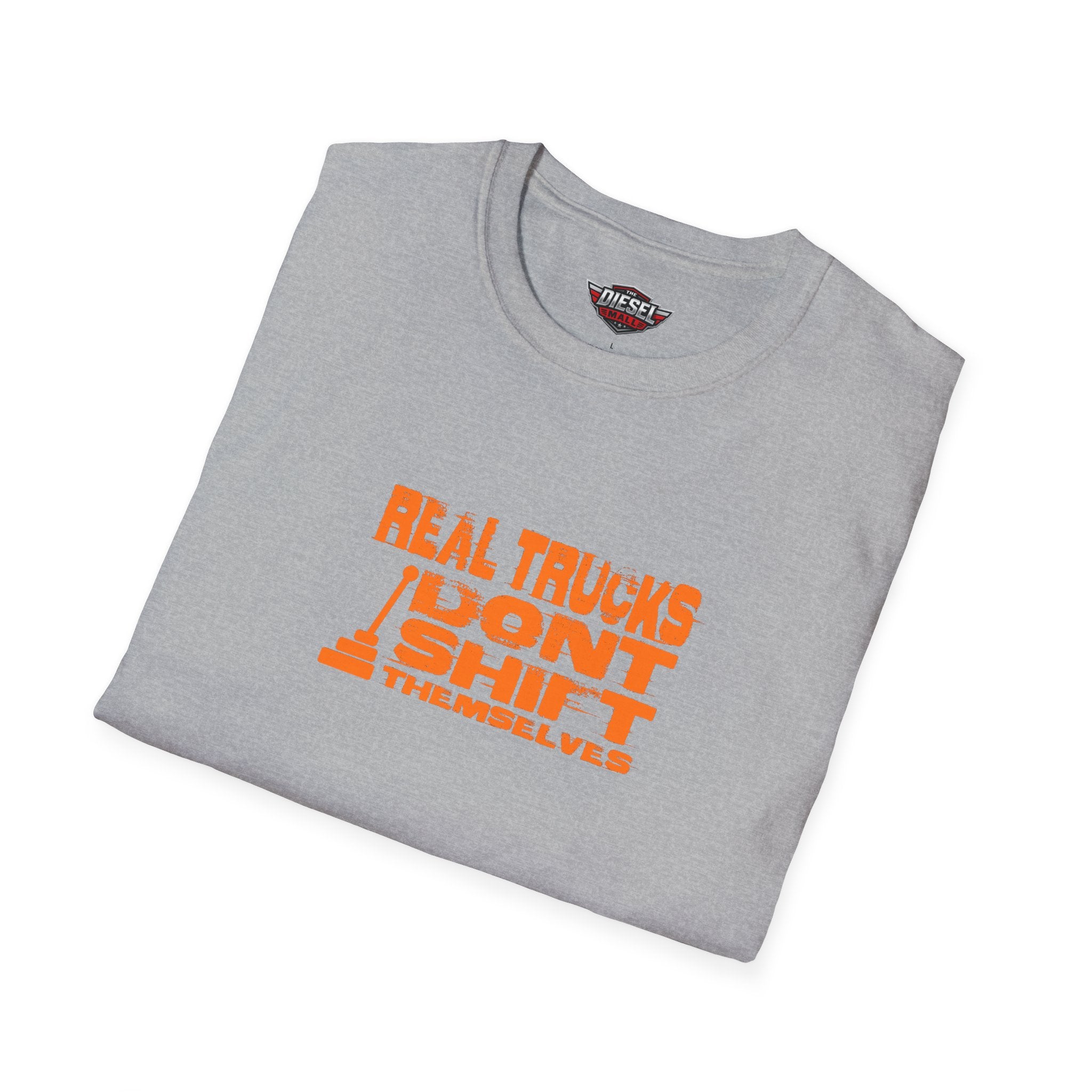 Trucker T-Shirt — "Real Trucks Don't Shift Themselves" Vintage Orange Graphic