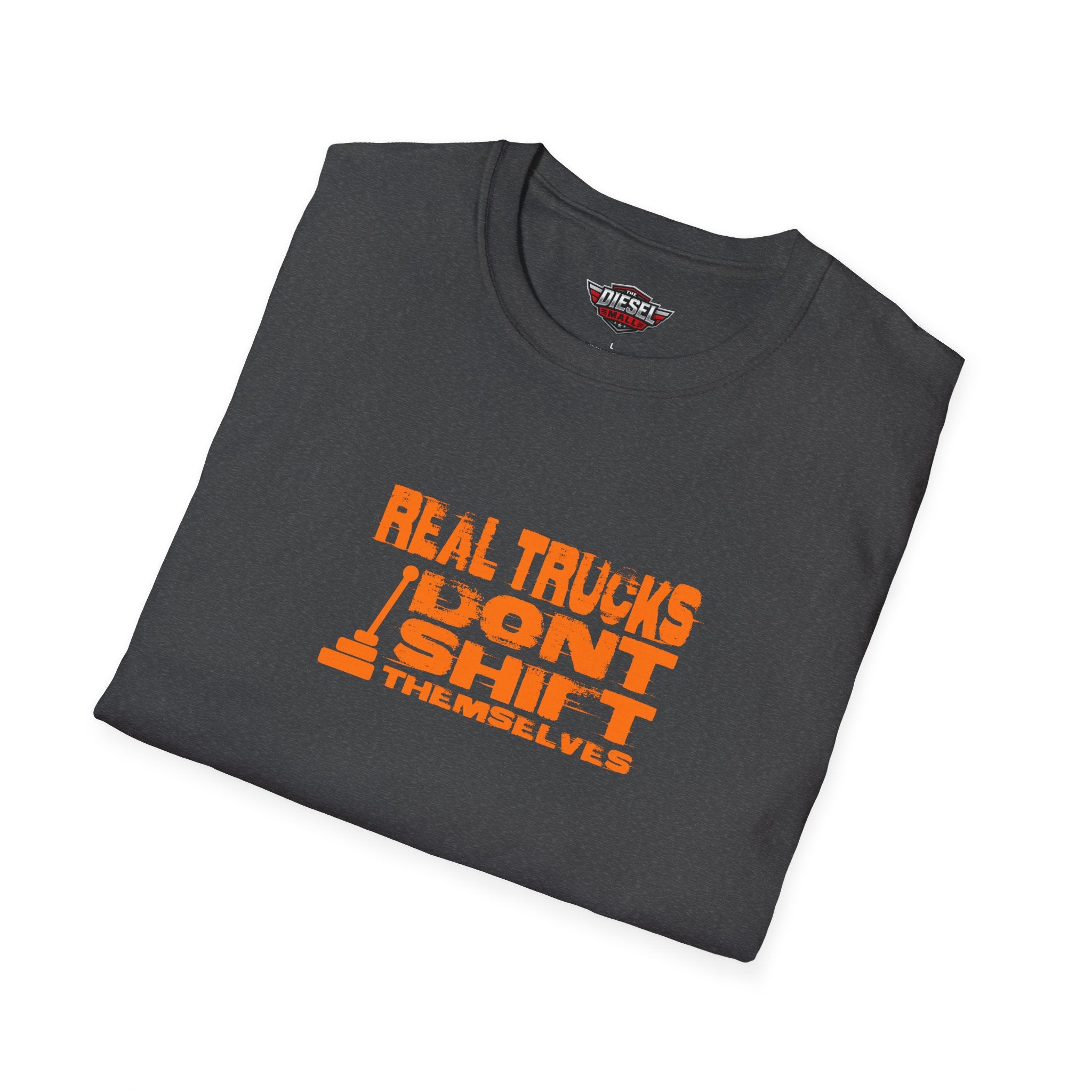 Trucker T-Shirt — "Real Trucks Don't Shift Themselves" Vintage Orange Graphic