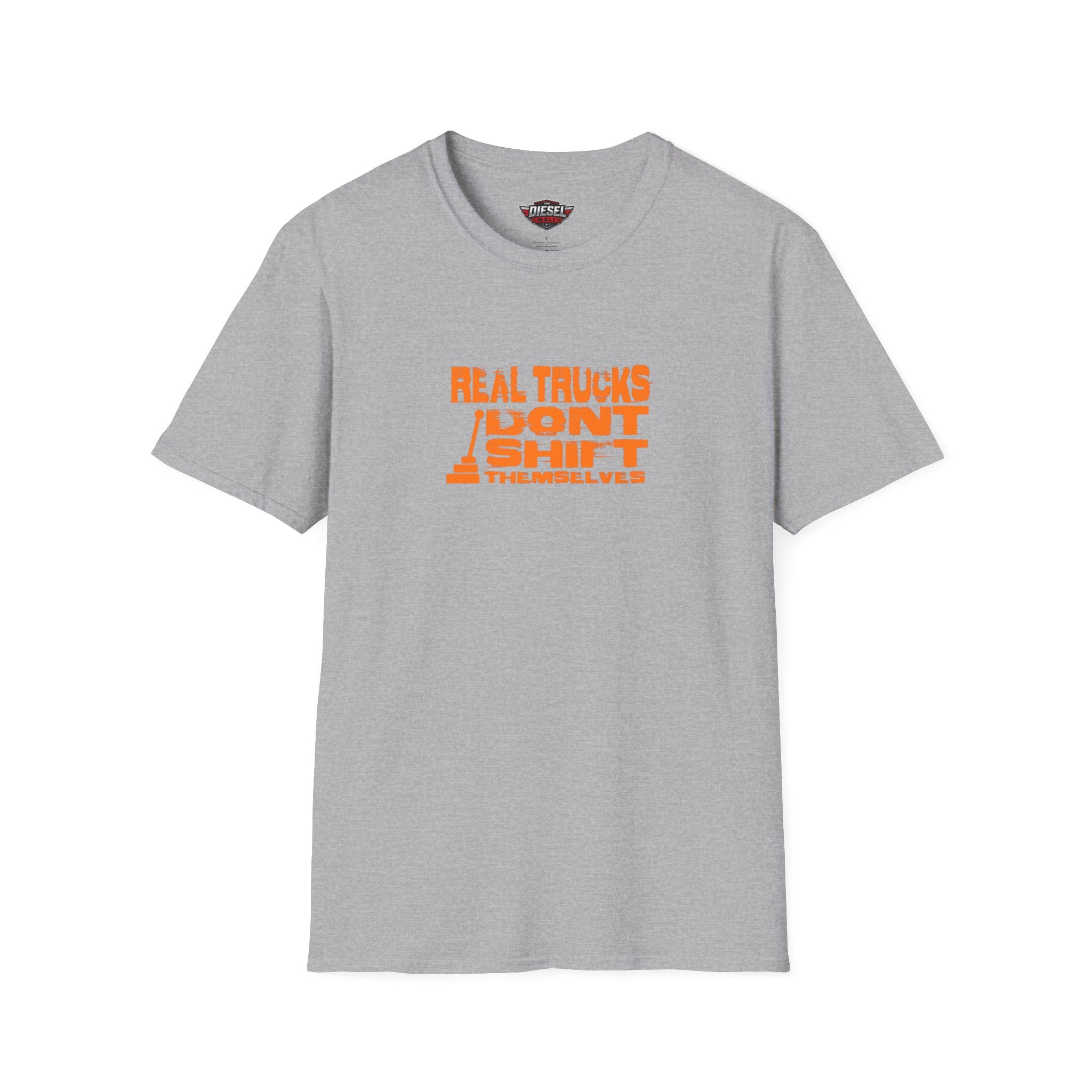 Trucker T-Shirt — "Real Trucks Don't Shift Themselves" Vintage Orange Graphic