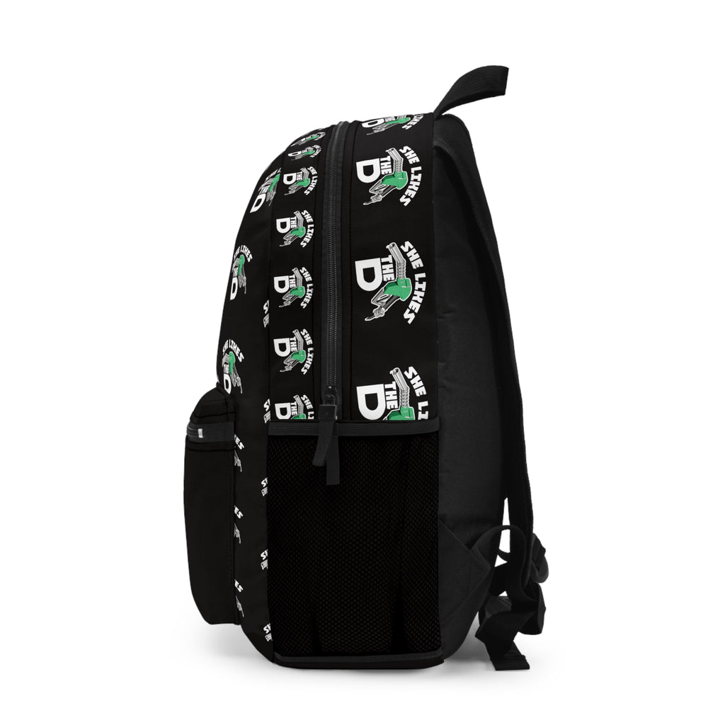 She Likes The D Backpack — Black Graphic School Bag with Fuel Nozzle Design