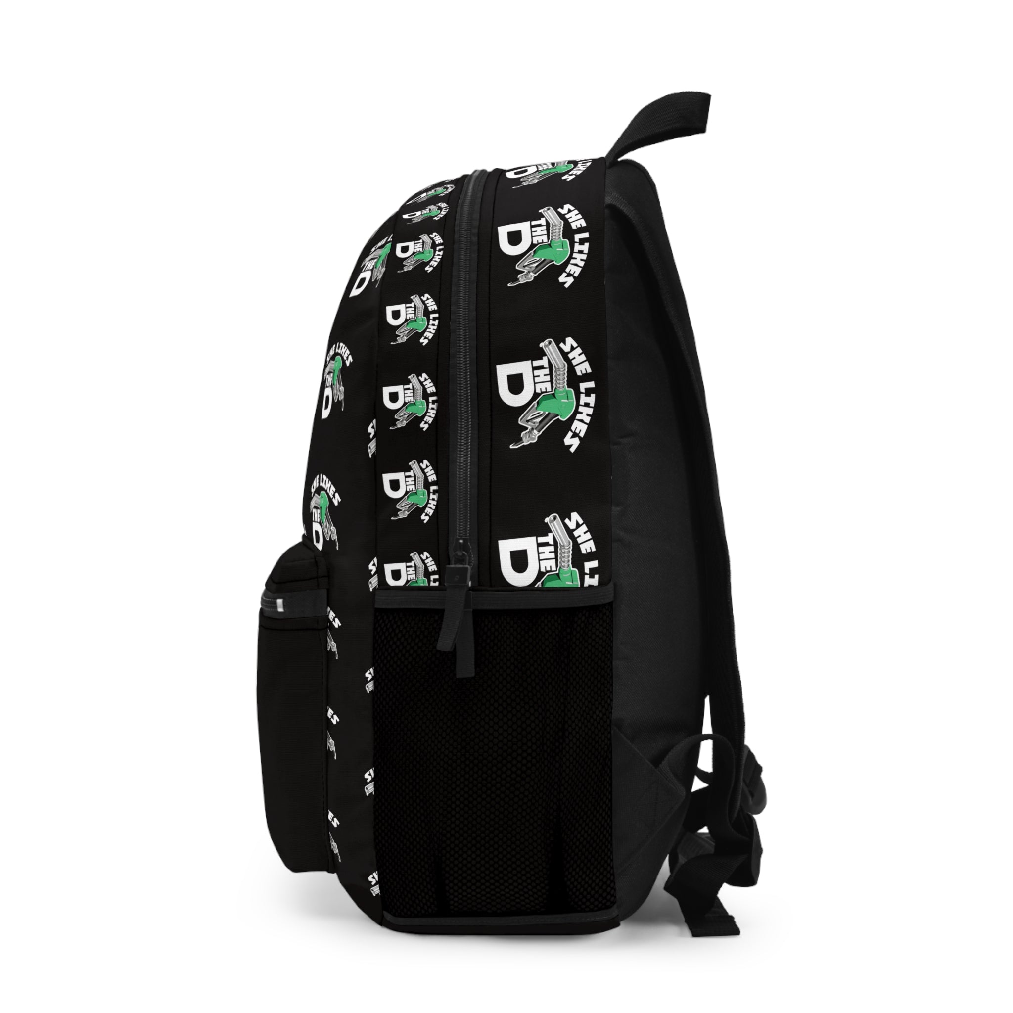 She Likes The D Backpack — Black Graphic School Bag with Fuel Nozzle Design