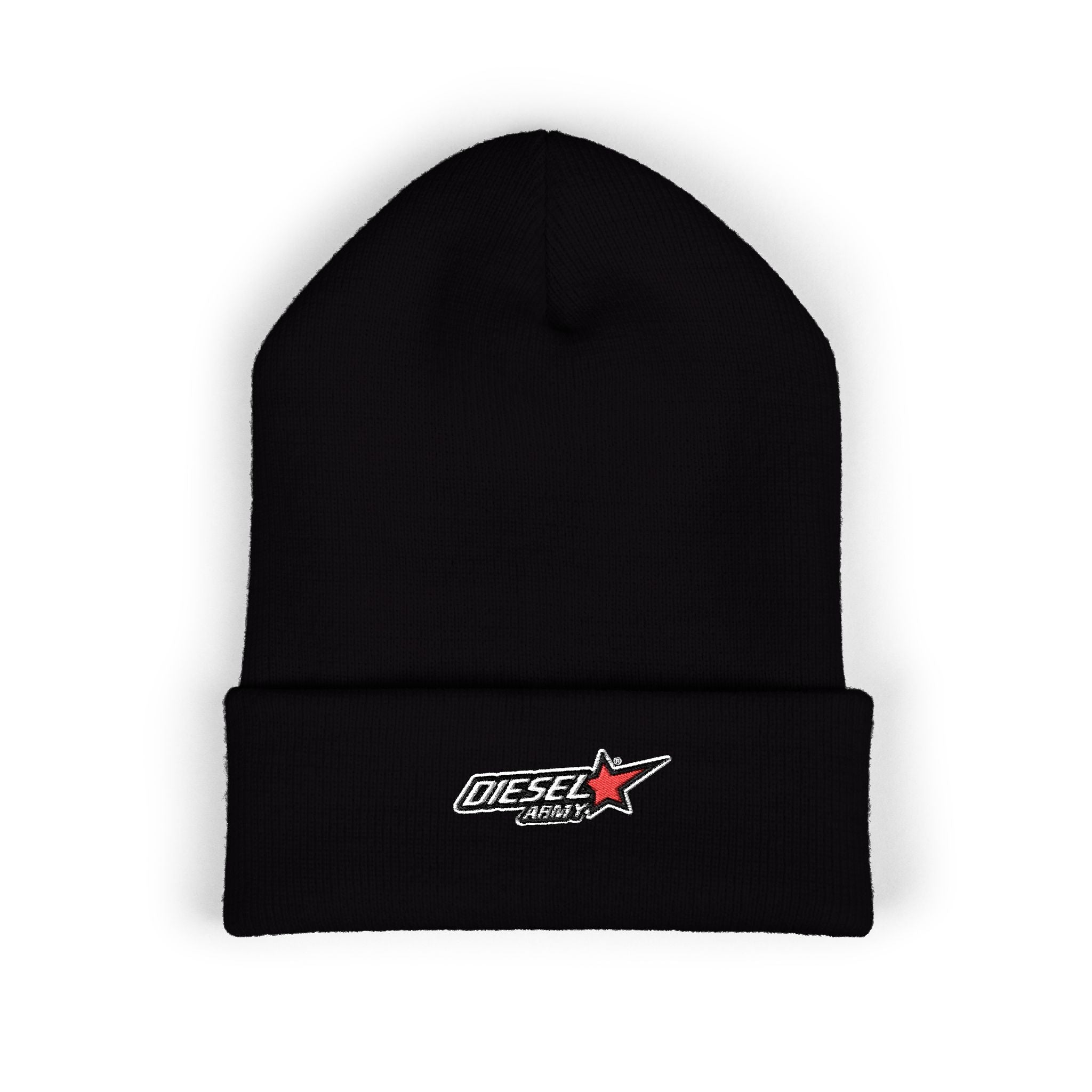 Embroidered Diesel Star Cuffed Beanie — Olive Knit Winter Hat