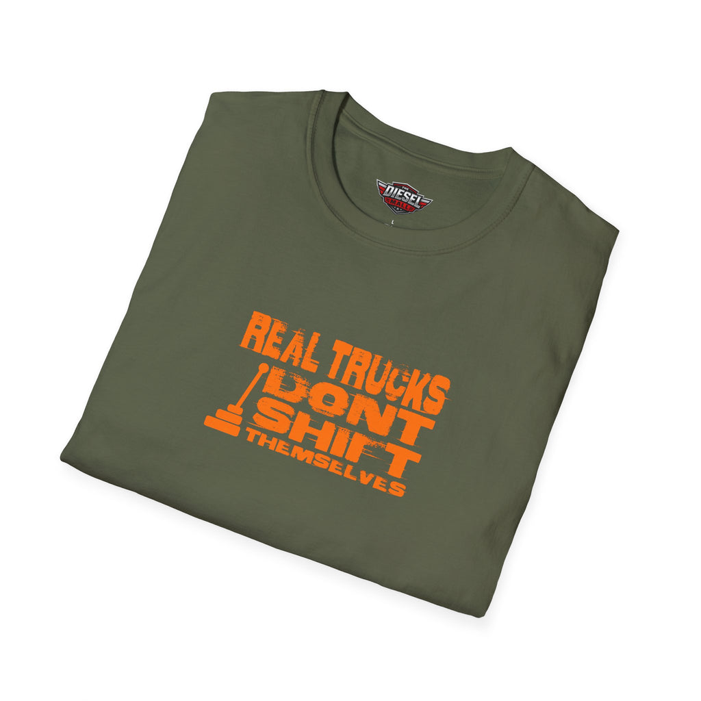 Trucker T-Shirt — "Real Trucks Don't Shift Themselves" Vintage Orange Graphic