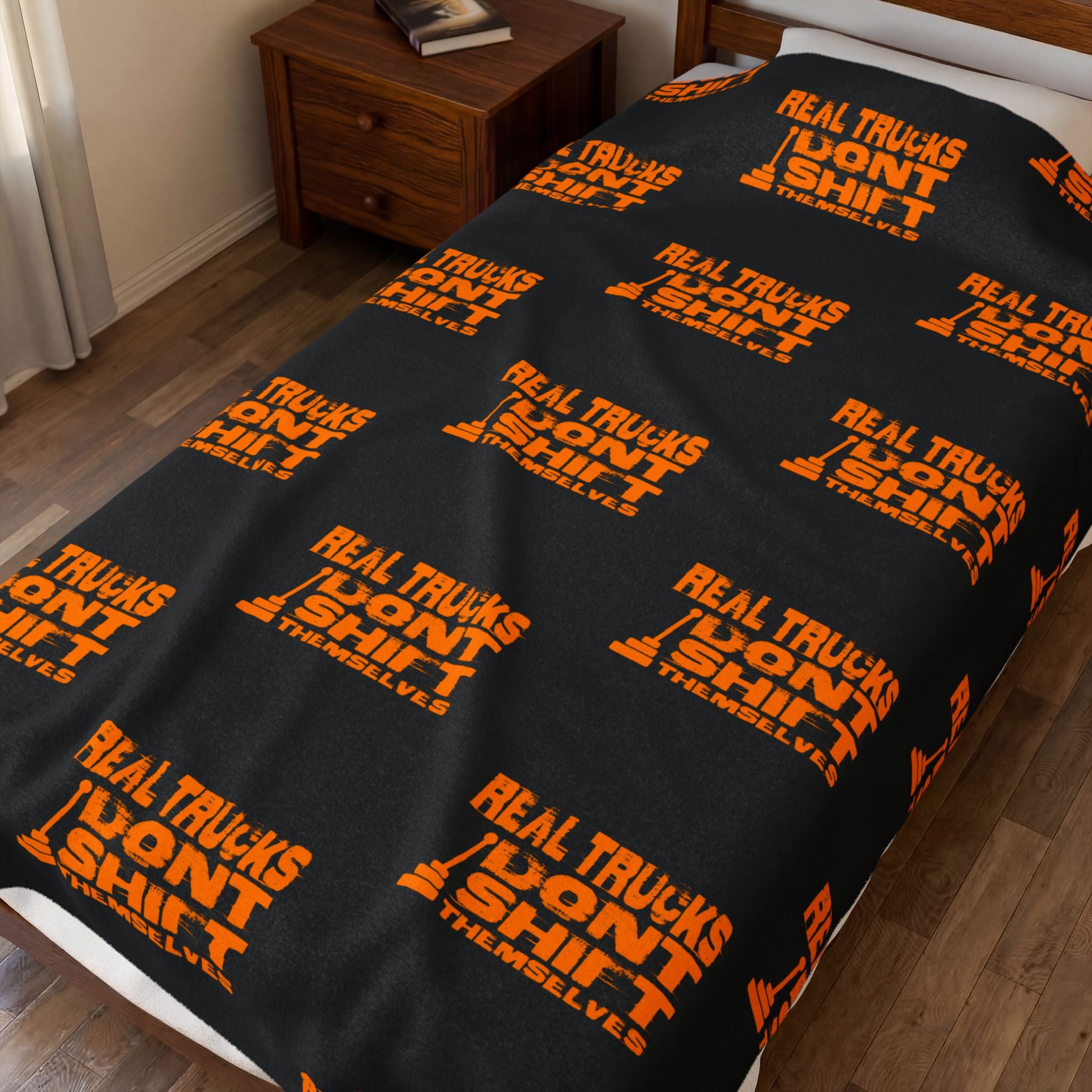 Velveteen Plush Blanket — "Real Trucks Don't Shift" Patterned Trucker Throw