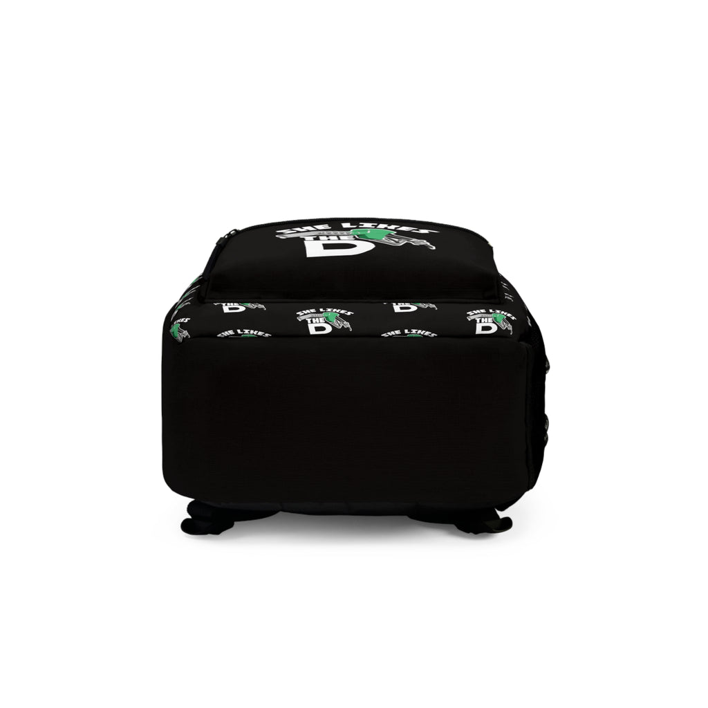 She Likes The D Backpack — Black Graphic School Bag with Fuel Nozzle Design